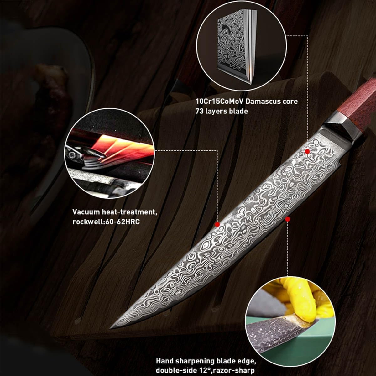 Damascus Steak Knives Set of 4, Damascus VG10 Steel Wooden Steak Knife Set,Sharp Non-Serrated Edge, Natural Wood Handle - Ideal for Table Dinners and Fruit Pairing