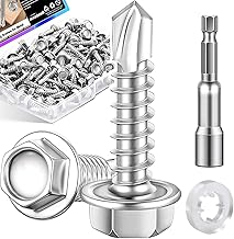 mxuteuk 300PCS #8×3/4" Self Tapping Screws,410 Stainless Steel Self Tapping Screws for Metal,Hex Washer Head Self Drilling Screw Suitable for Wood,Metal or Tough Materials(150pcs Screw+150pcs Washer)
