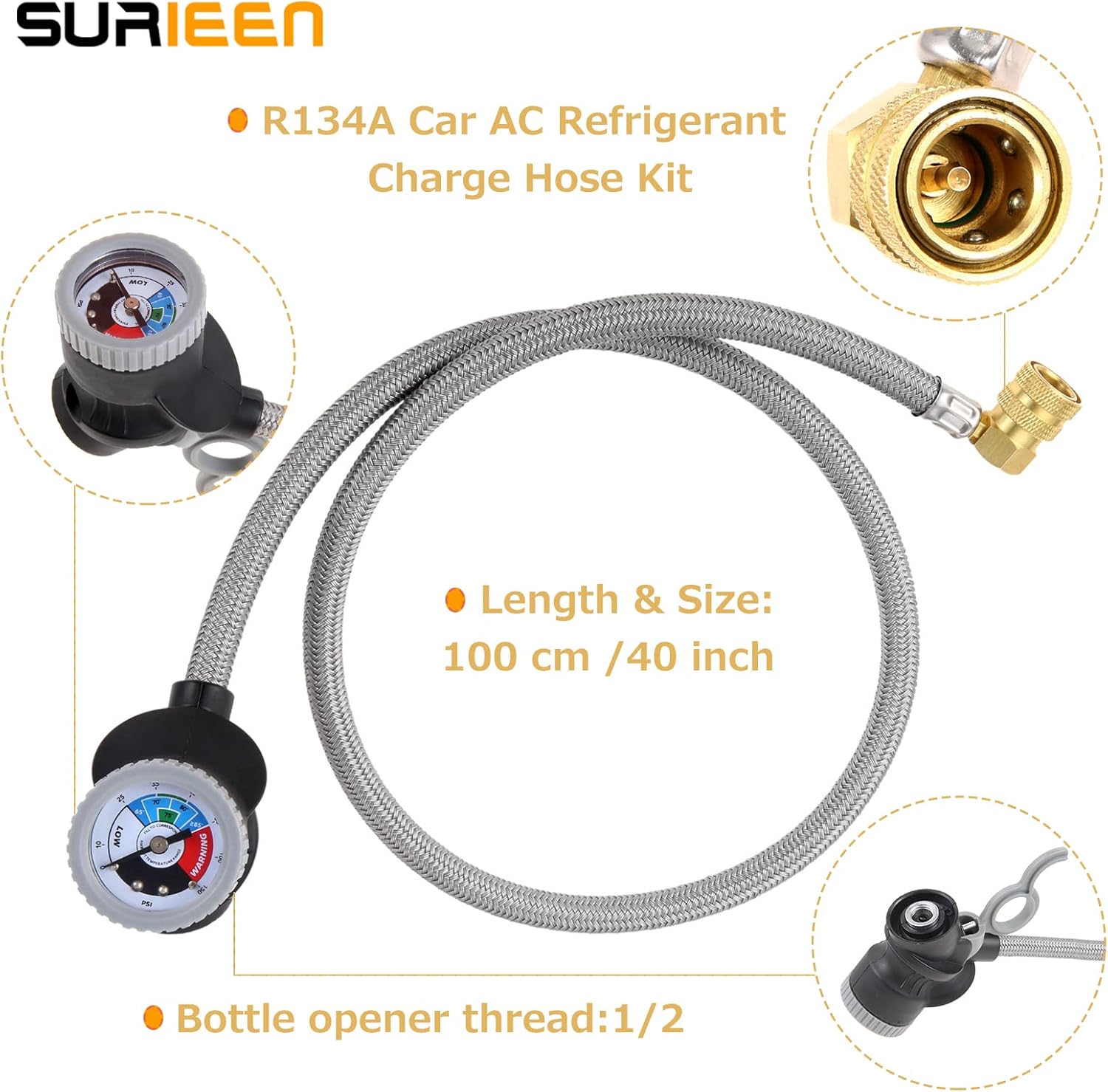 R134A Refrigerant Recharge Hose Kit with Pressure Gauge, 1/2" R134a Low Side Coupler, ACME-SS and LH -SS Adapters