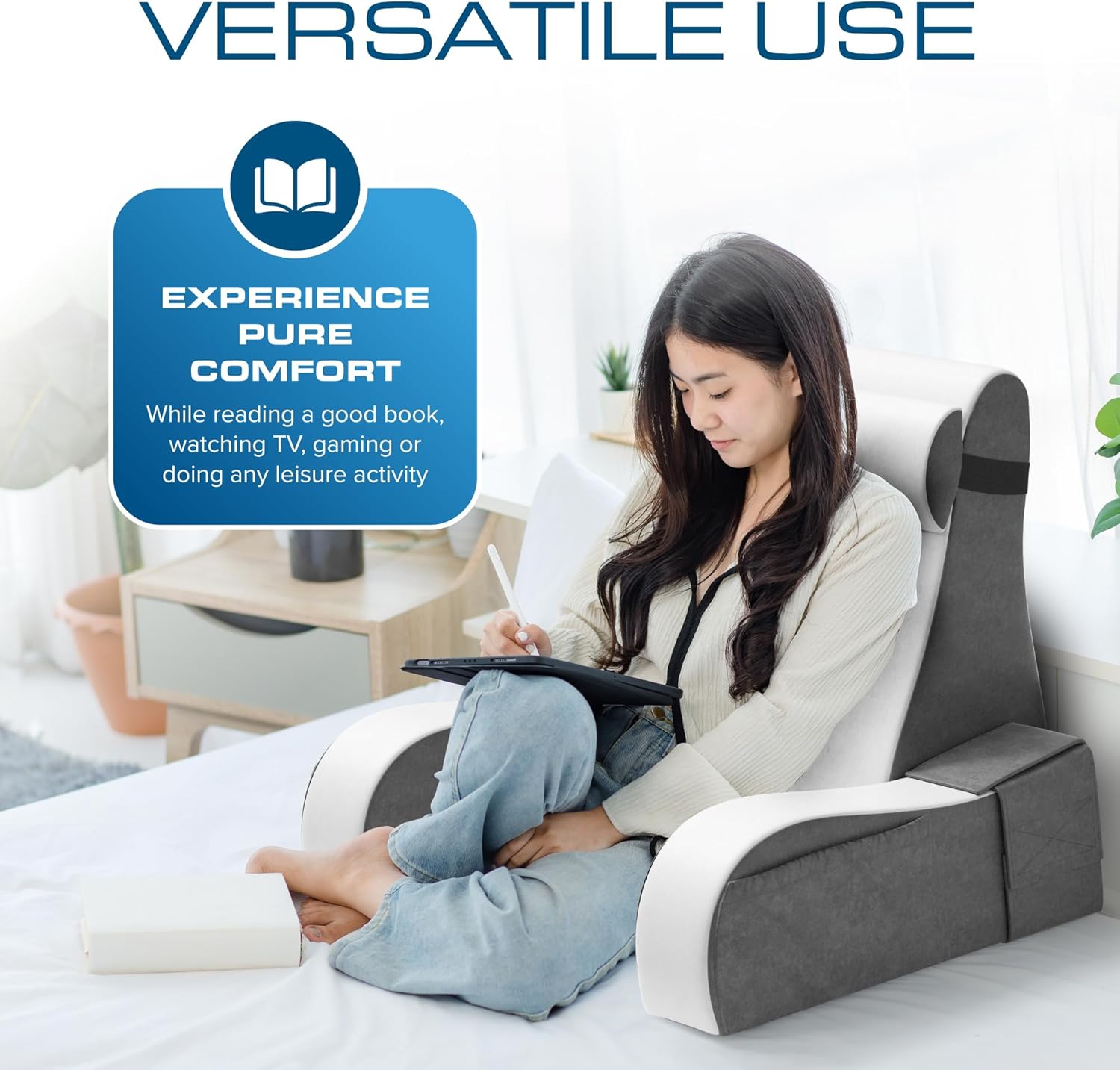 Kolbs Wedge Reading Pillow for Bed, Cushion with Arms for TV, Books, Nursing, Back - Bed Pillow for Sitting Up in Comfort, Plush Backrest. Bed Chair, Sit Up in Comfort (19" Gray/White)