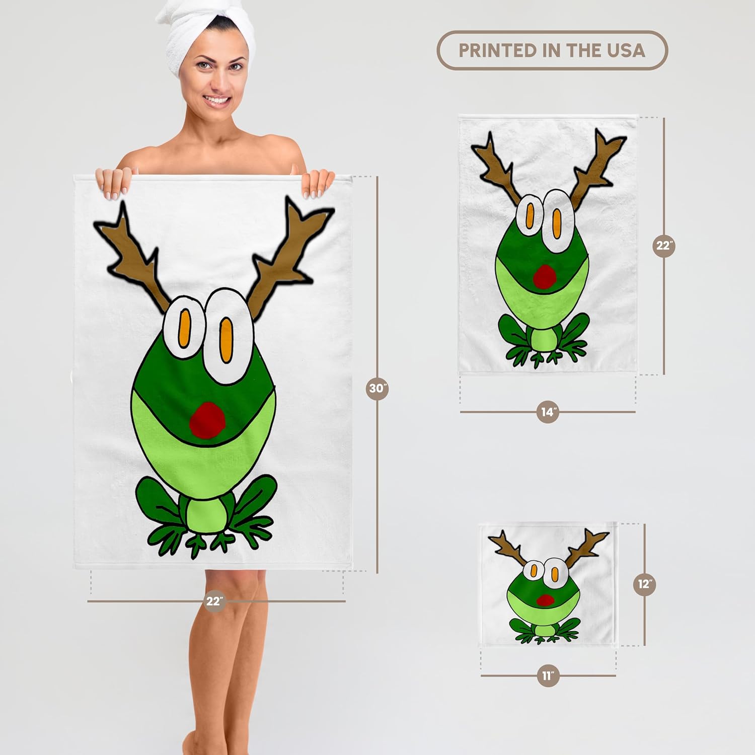 3dRose Funny Green Frog with Reindeer Antlers and Red Nose 22x30 Bath Hand Pool Towel