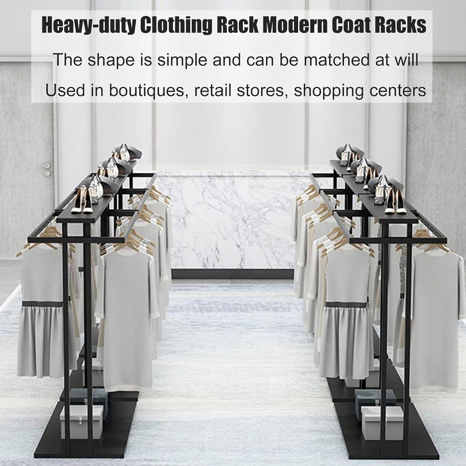 Commercial Grade Double Hanging Rod Clothing Rack, Floor-Standing Garment Display Stand for Retail Stores, Adjustable Shelves & Hangers, Nakajima Clothes Rack (B, 150x50x150cm