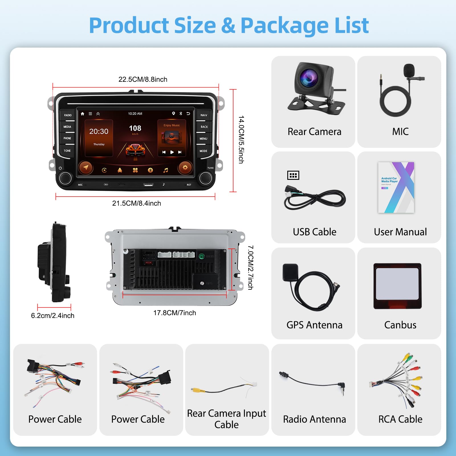 Autoradio 2+64G per VW Seat Passat Golf 5 6 Polo Skoda con Carplay Android Auto,Radio Stereo Android 15 da 7'' con GPS/WiFi/Bluetooth/EQ/FM/RDS/Type-C,Telecamera di Retromarcia AHD e Microfono