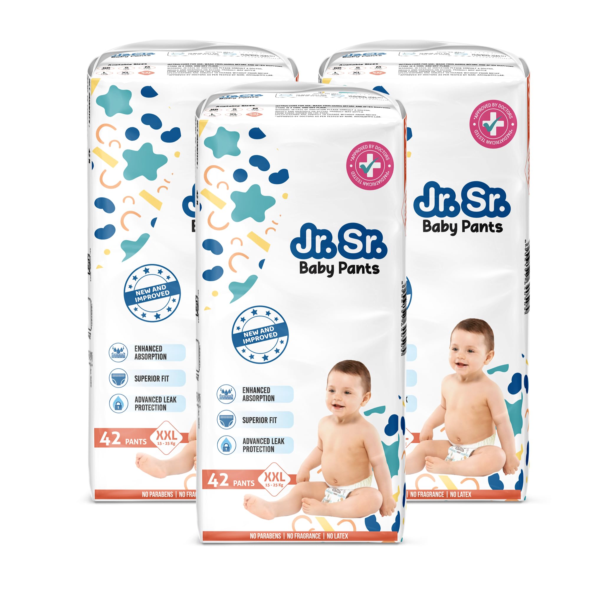 Jr. Sr. Baby Diaper Pants with Advanced Leak Protection | Soft & Comfortable| XXL | 15-25 Kg | 126 Counts | Pack of 3-image-3