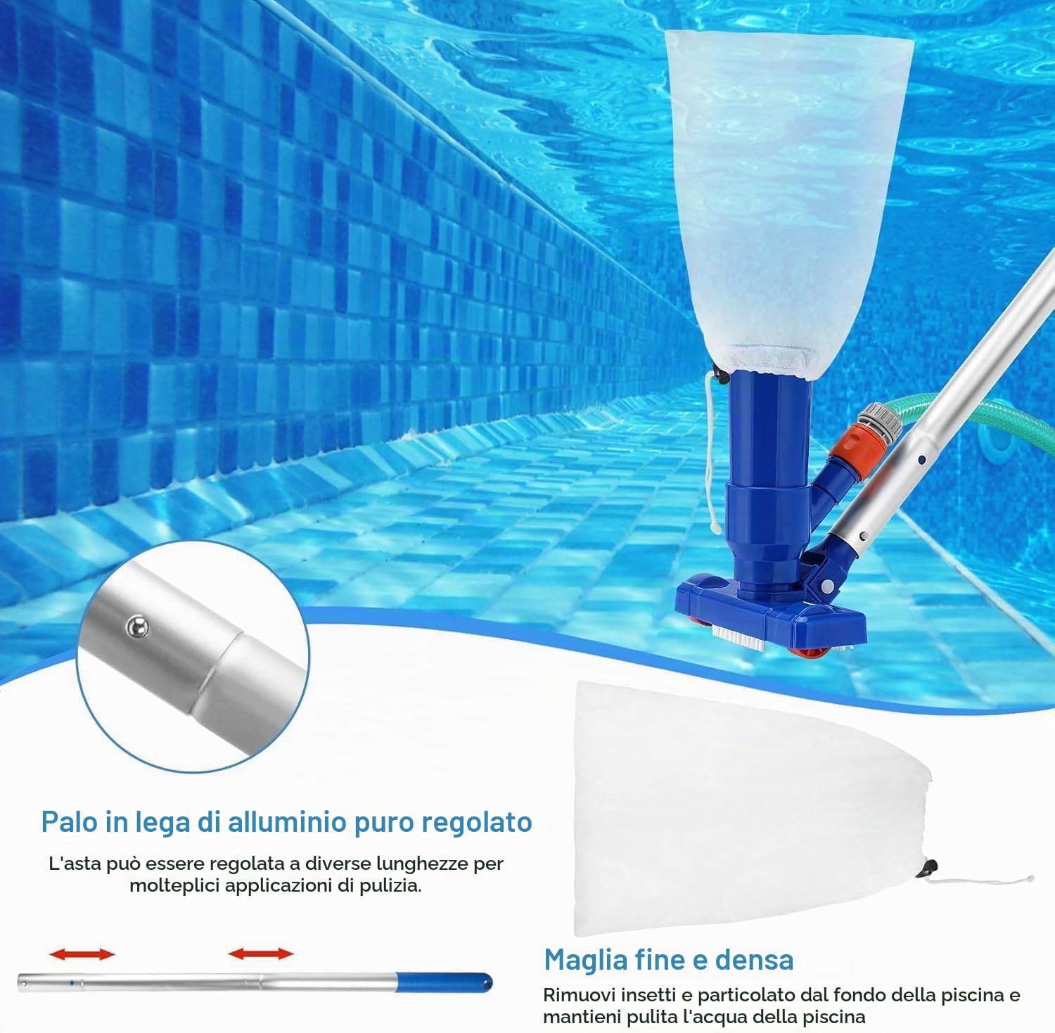 Set di aspirapolvere per Piscina, 71 pollici palo Aspiratori Portatili Piscina per Manutenzione della Piscinas con spazzola, Kit di Pulizia per Piscine Spa Vasca Pulizia di foglie sporco sabbia