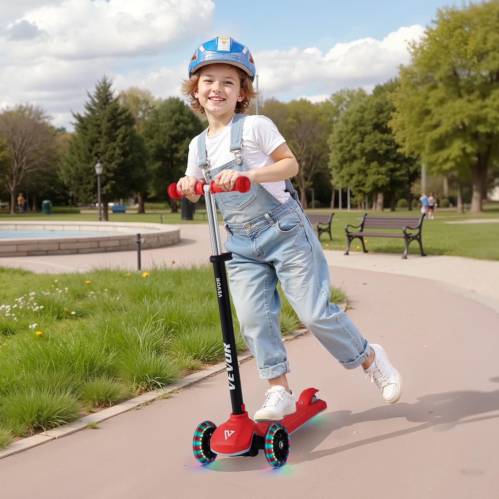 VEVOR Patinete 3 Ruedas, para Niños de 3 Años en Adelante, Ruedas Iluminadas, Manillar de Altura Ajustable, Base Antideslizante y Cuadro de Aluminio Ligero, hasta 75 kg, Rojo, 520 x 250 x 800 mm