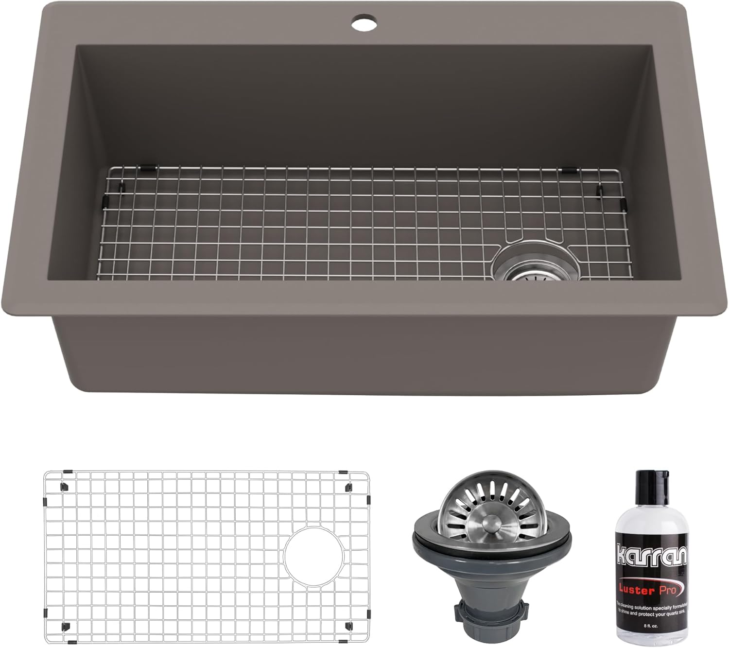 Karran Drop-In/Top Mount 33" Single Bowl Granite Quartz Composite Kitchen Sink Kit in Concrete Right Side Drain, Sound Dampening, Extra Deep 9" Basin, Heat & Scratch Resistant, with Grid & Strainer
