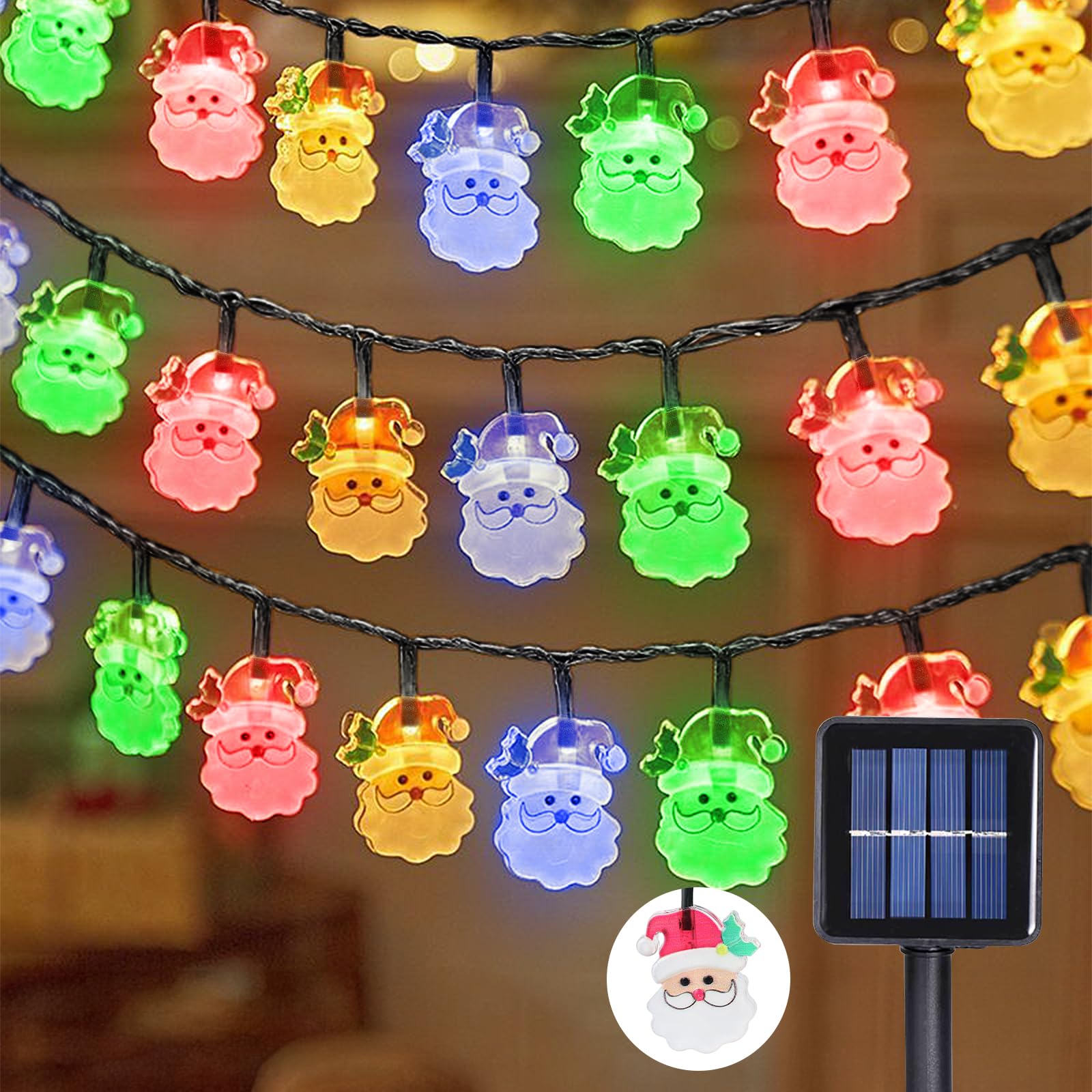 Glaxcidy Guirnalda Luces Exterior Solar, 22.9 Ft 50 LEDS Luz en Forma de Papá Noel, Cadena de Luces Navideñas 8 Modos, Luces de Hadas Decorativas Impermeable para Patio, Navidad, Jardín