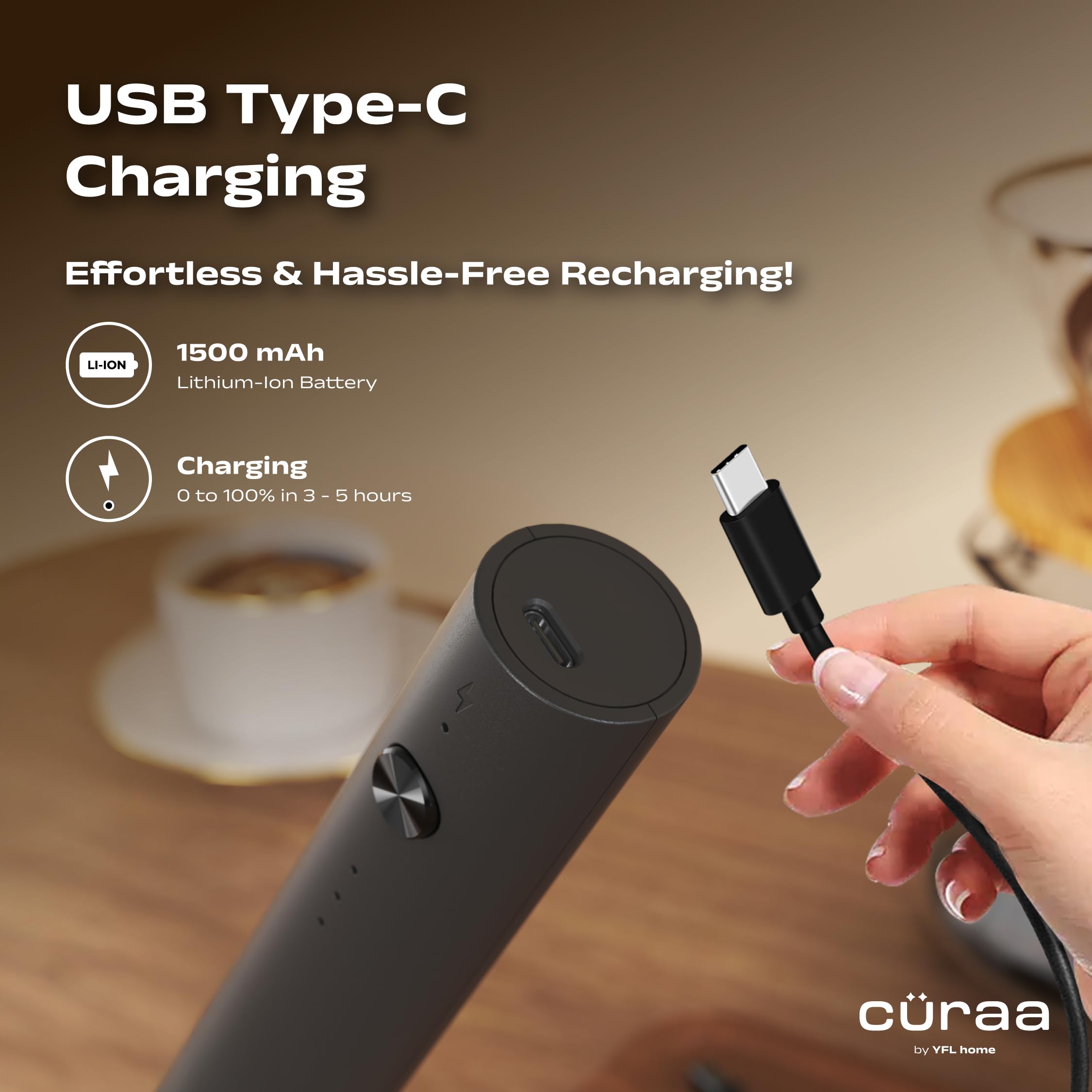 CÜRAA Milk Frother for Coffee | Rechargeable, 3-Speed Electric Frother with Stand | Handheld Coffee Beater for Lattes, Cappuccino & Hot Chocolate | By Chef Sanjyot Keer 4