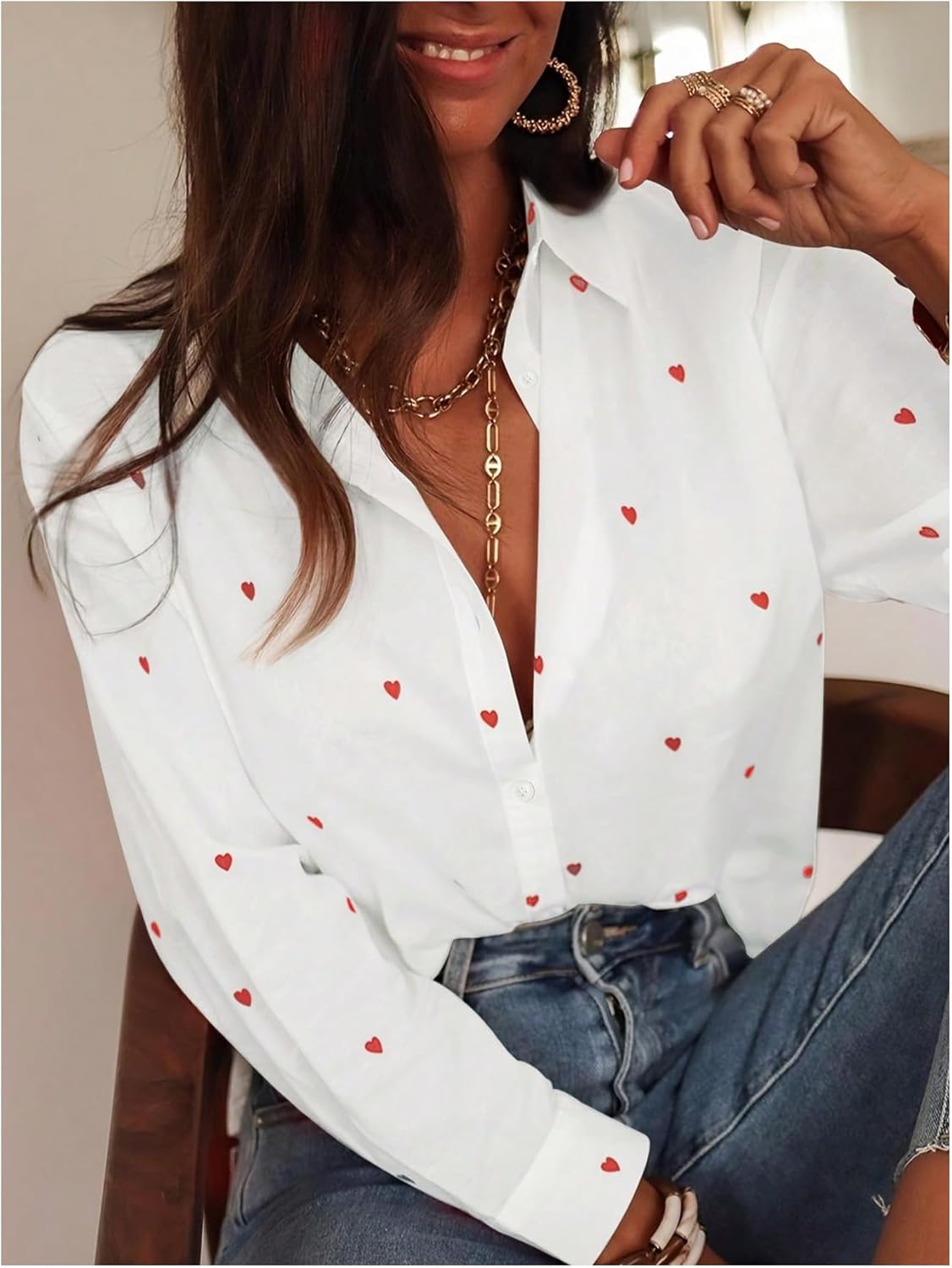 GORGLITTER Women's Valentine Heart Shirt Long Sleeve Button Up Shirt Dressy Lapel Collared Blouses Cute Casual Outfits - Image 3