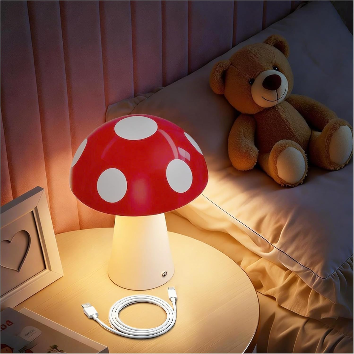 Mushroom Night Light, Rechargeable Cordless Table Lamp for Bedroom, Dimmable LED Night Lights for Toddler , Baby Essentials for Newborn, Stocking Stuffers for Teen Boys, Dorm Room Essentials,white