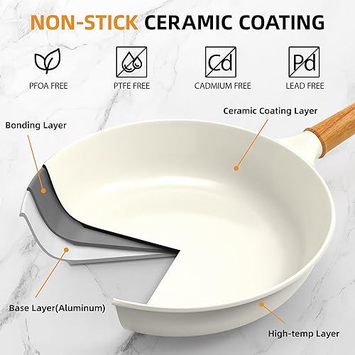 Miniatura 6 de Sartén antiadherente con tapa, sartén de 10 pulgadas de profundidad, utensilios de cocina de cerámica sin toxinas, sartén de cocina saludable no