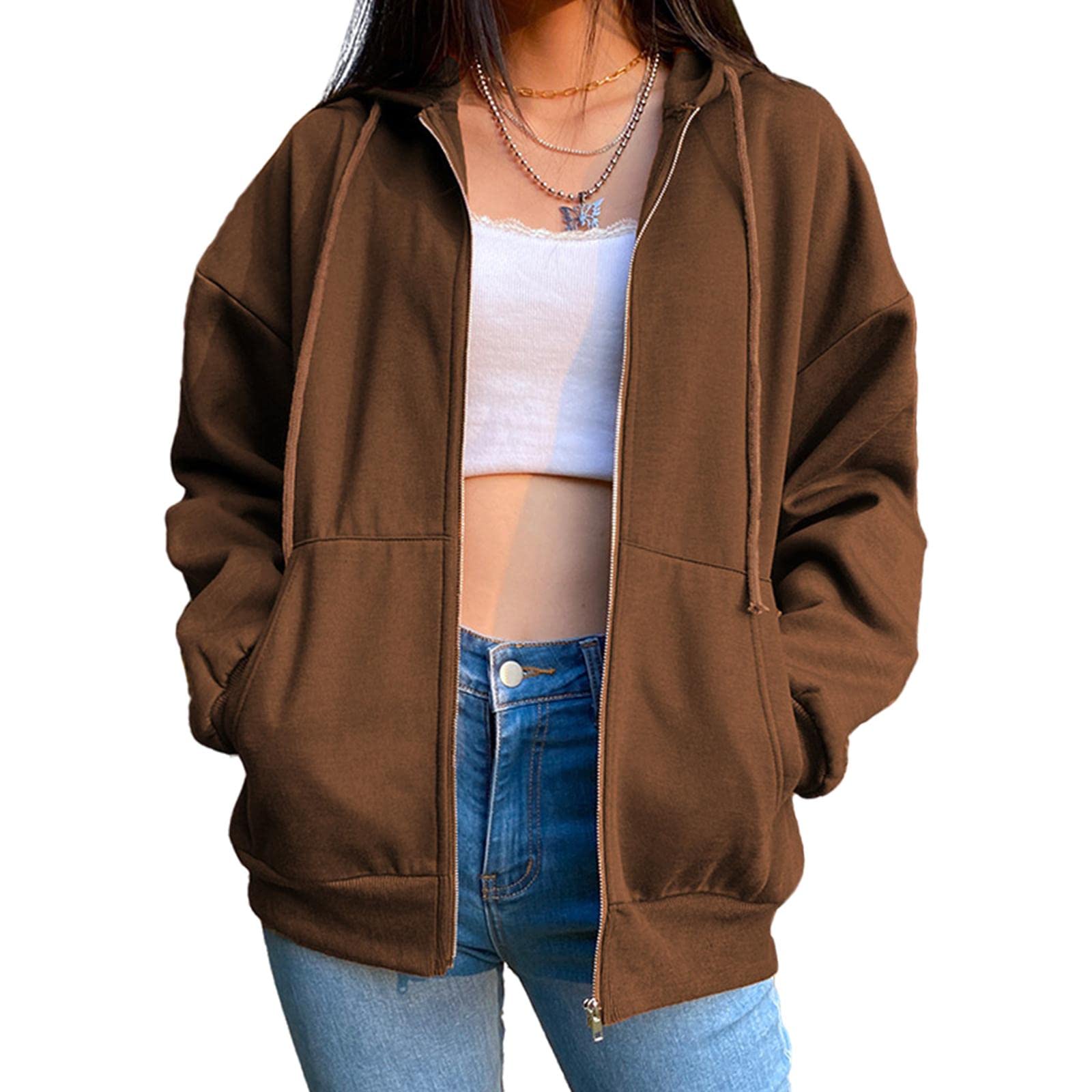 BNF®Women's Solid Color Cotton Blend Zipper Hoodie Jacket Loose Top Coffee L|Clothing Shoes & Accessories|Womens Clothing|Sweats & Hoodies|Package Includes:1 Piece Womens Hoodie Jacket-image-10