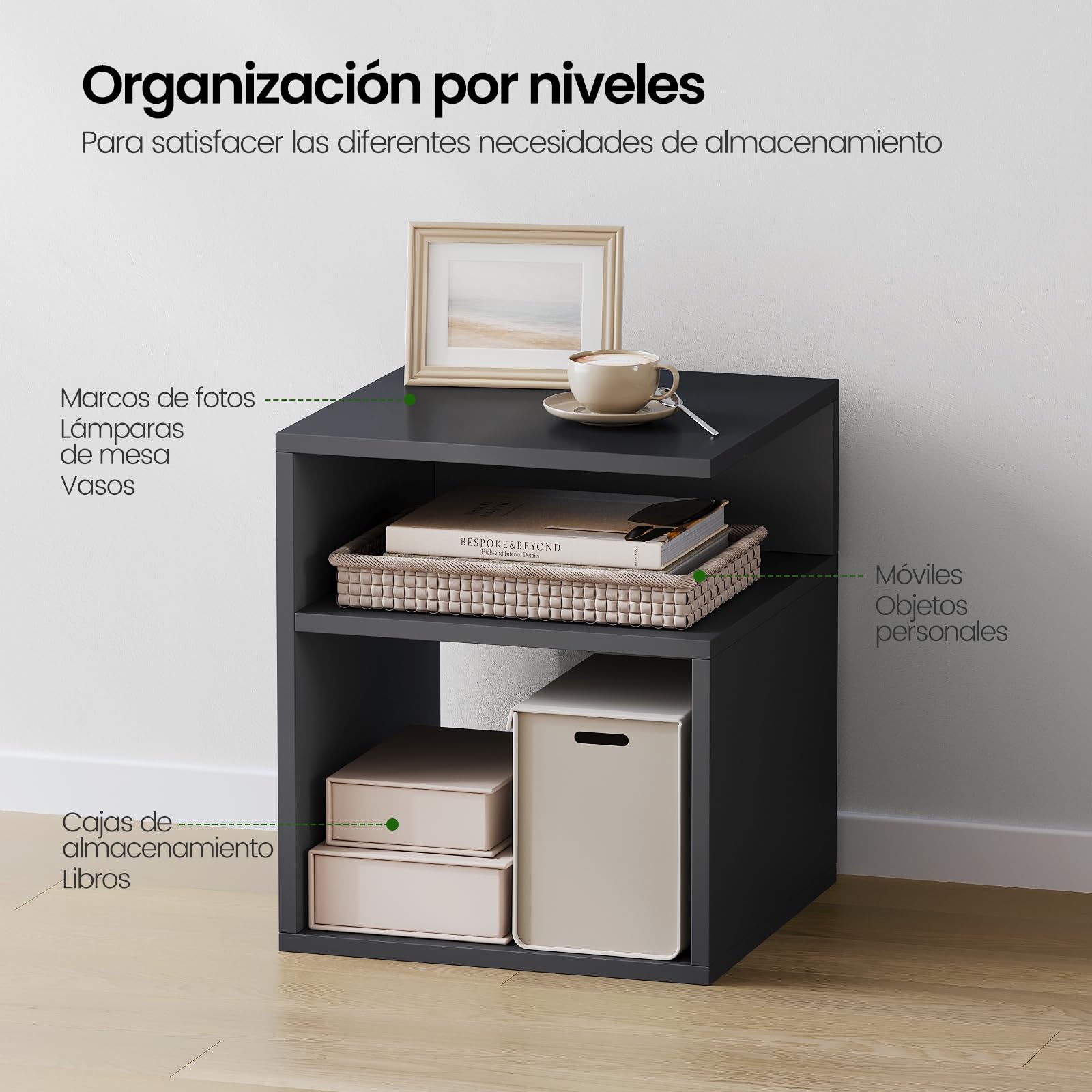 EUGAD Mesita de Noche Pequeña Negra con Compartimentos Abiertos, 35x35x41,5 cm, Mesilla Moderna para Dormitorio Pequeño, Cama y Sofá Salón, 0006CTG