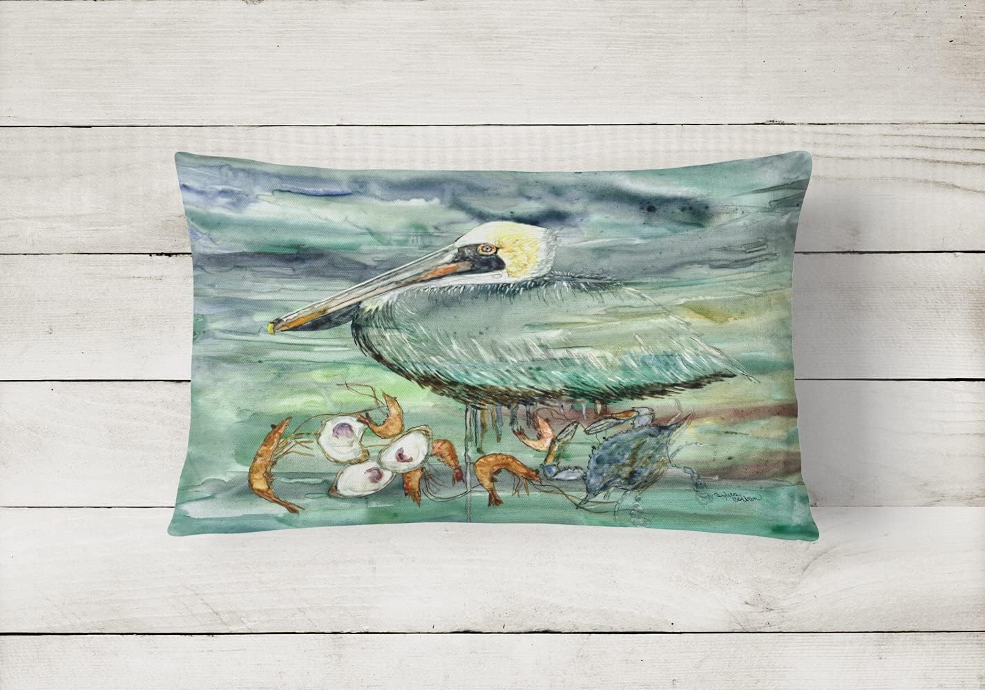Caroline's Treasures 8978PW1216 Watery Pelican, Shrimp, Crab and Oysters Canvas Fabric Decorative Pillow 100% Machine Washable Pillow, Indoor or Outdoor Decorative Throw Pillow for Couch, Bed or Patio