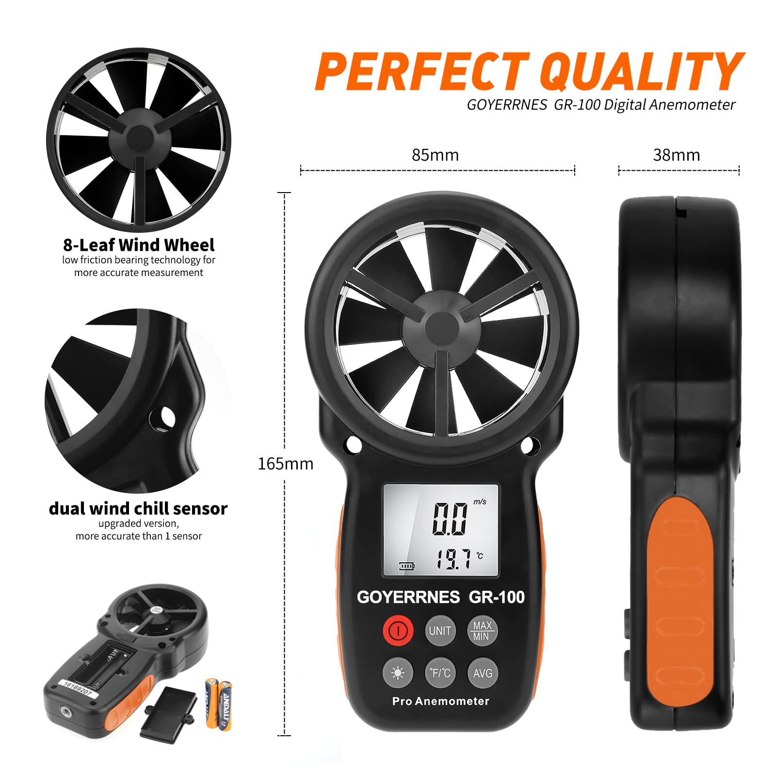 Anemometro digitale Misuratore di velocità del vento portatile 0,7~42m/s Anemometro tascabile della velocità dell'aria con bussola