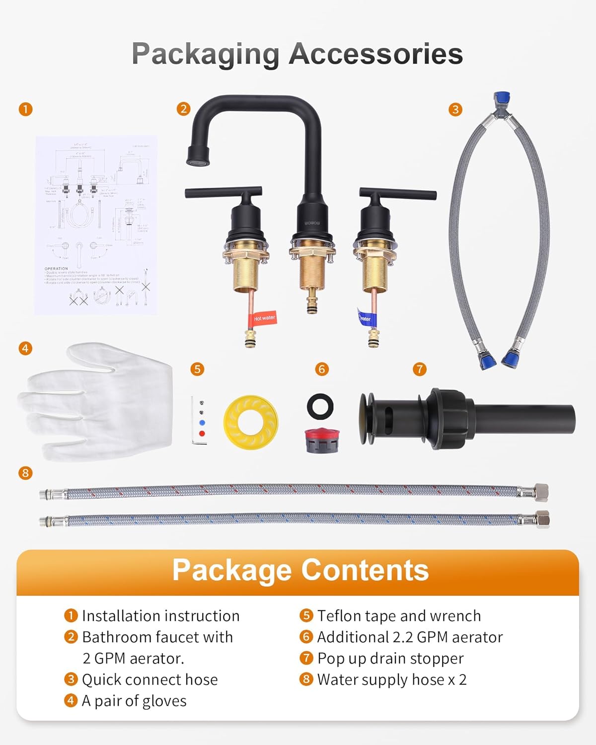 WOWOW Two Handles Widespread 8 inch Bathroom Faucet Black 3 Pieces Basin Faucets 360 Degree Swivel Spout Lavatory Sink Faucet - Image 9