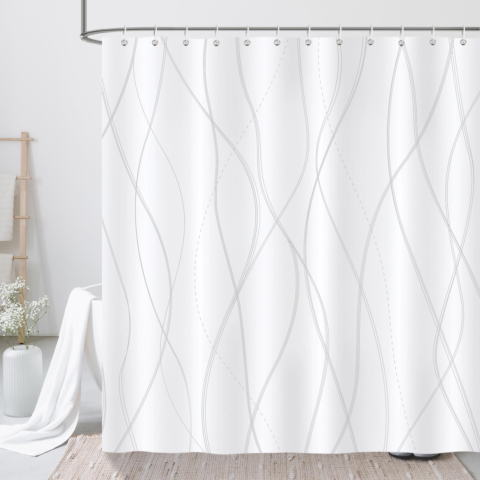 COZZSNUGE White Striped Shower Curtain, Grey Stripe Modern Shower Curtain Waterproof Polyester for Bathroom with 12 Hooks, 72 x 72 Inches