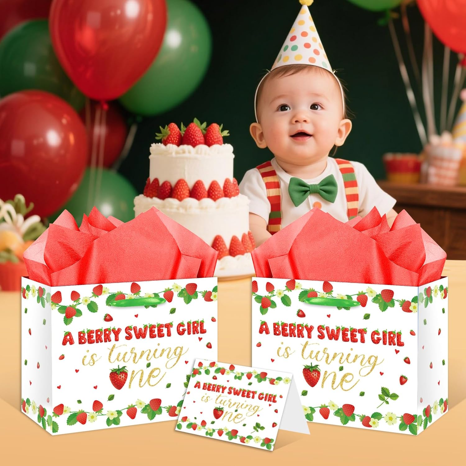 EIGHTSTATES Large Strawberry 1st Birthday Gift Bag Set, Berry Sweet Girl Turning One Party Supplies with Greeting Card & Tissue Paper, Baby Girls Gift wrapping paper for Baby Shower Decorations - Image 4