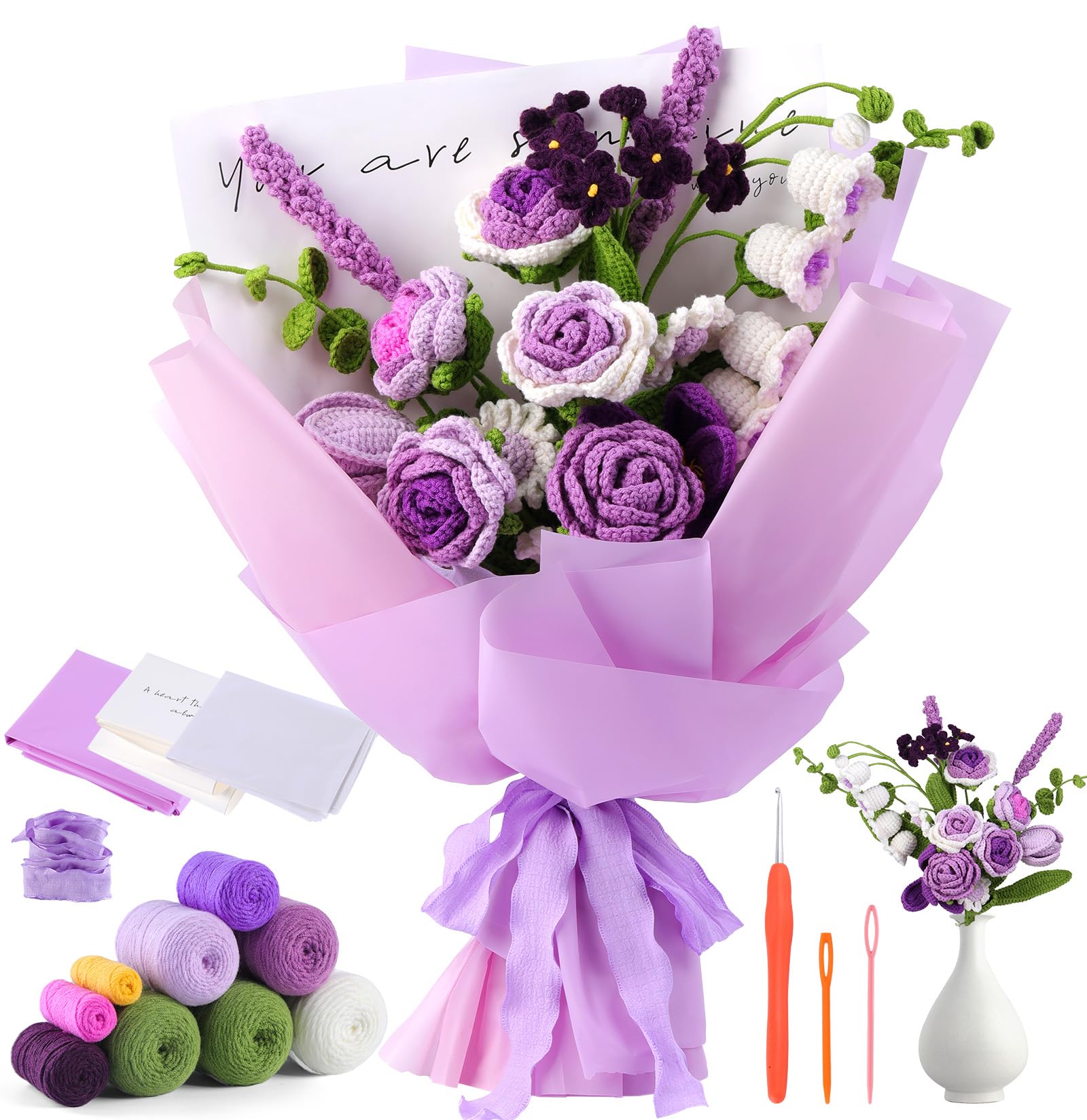 JUAYING Crochet Kits for Beginners Adults, Flower Beginners Crochet Kit, Complete Crochet Starter Kit, Knitting Kit with Step-by-Step Video Tutorials DIY Craft Bouquets Gifts for Christmas Day