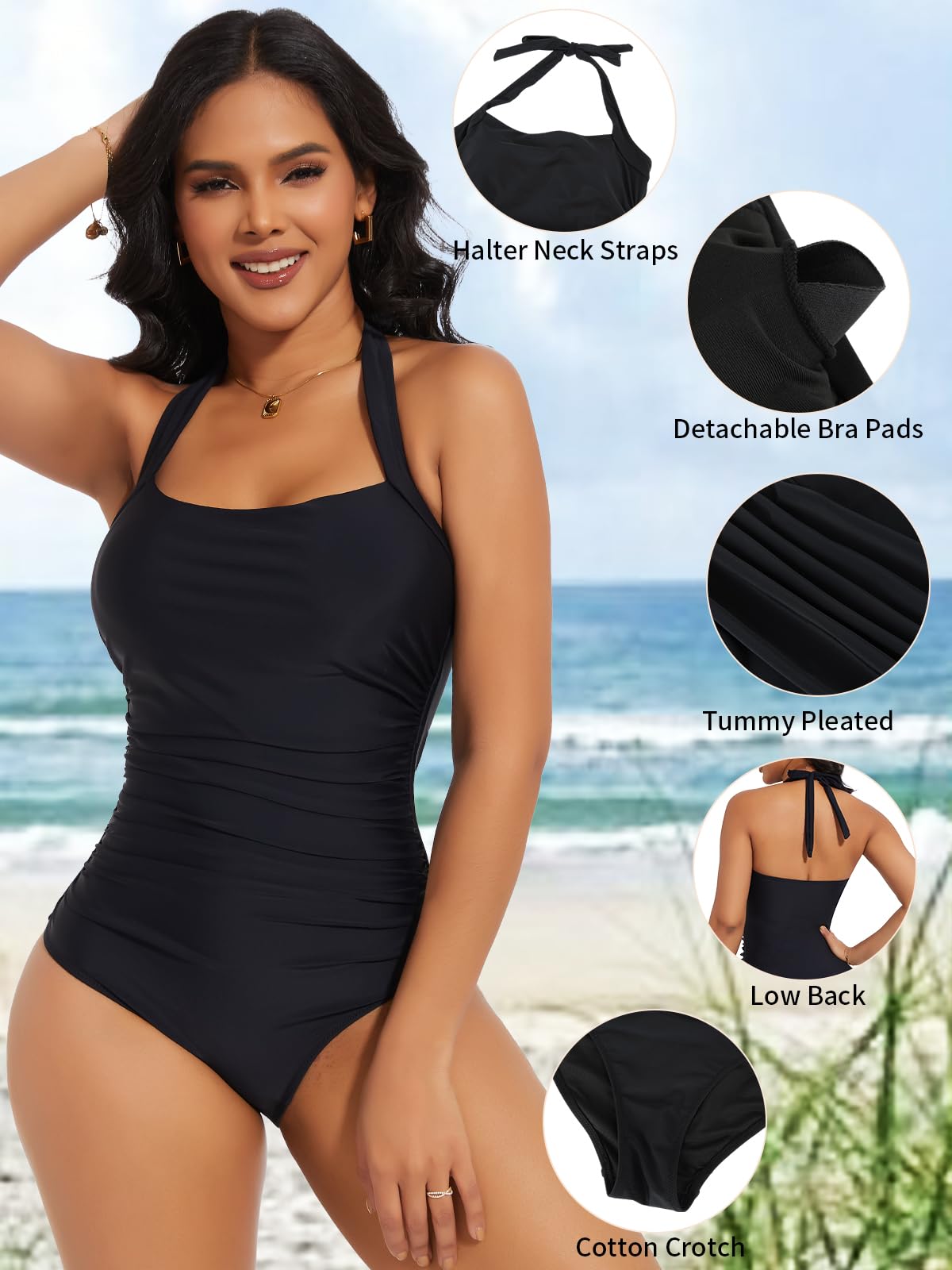 SHAPERIN Femme Maillot de Bain Une Piece Halter Monokini Amincissant Shapewear Push Up Swimsuit