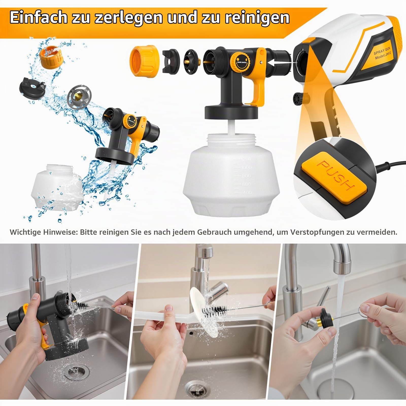 Farbsprühsystem, 600W HVLP Elektrische Spritzpistole mit 4 Düsen & 3 Sprühmuster,1200ML Behälter,Verstellbarem Farbfluss, Lackierpistole Elektrisch für Zäune, Schränke, Wände, Decken, Möbel