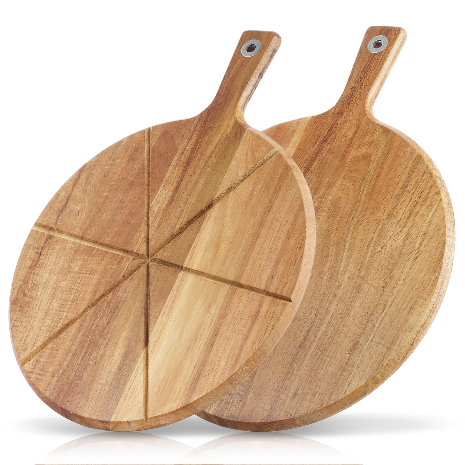 MEIDIV 2 Pack Acacia Wood Pizza Cutting Board, 12 inch Pizza Serving Boards with 6 Groove Guides, Charcuterie Board Wooden Serving Platter with Handle for Pizzas