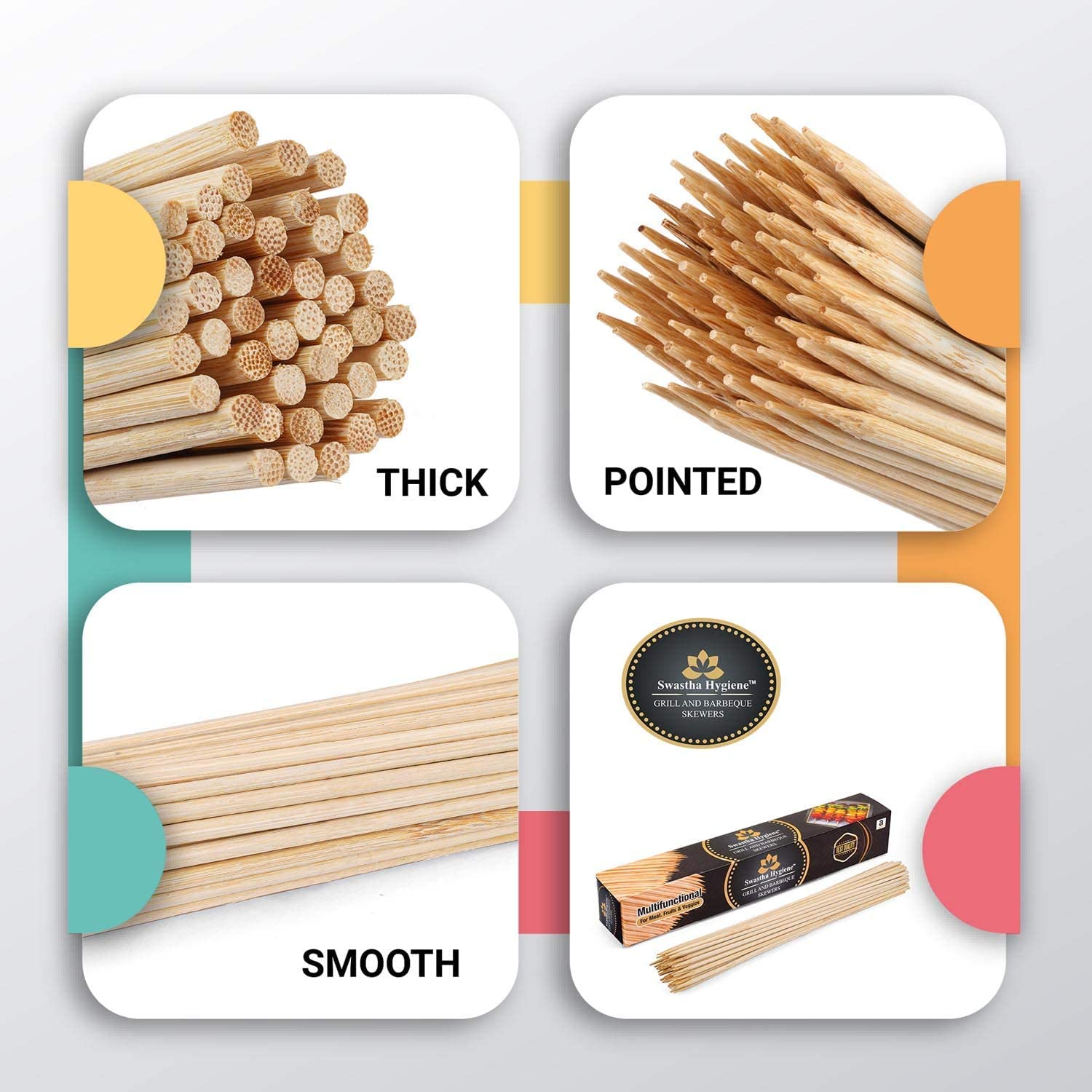 SWASTHA HYGIENE (12 inch - 3mm) 240 Wooden Bamboo Skewers | Bamboo Skewers for Grill | Barbeque Sticks 1