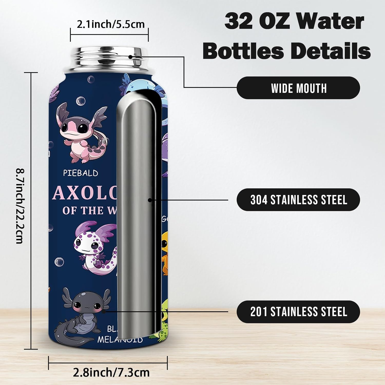 Axolotl Gifts, 32 oz Insulated Water Bottle, Double Wall Vacuum Stainless Steel Water Bottles, Cute Axolotl Water Bottles for Sports Travel, Gifts for Girls Women (1pcs) - Image 4