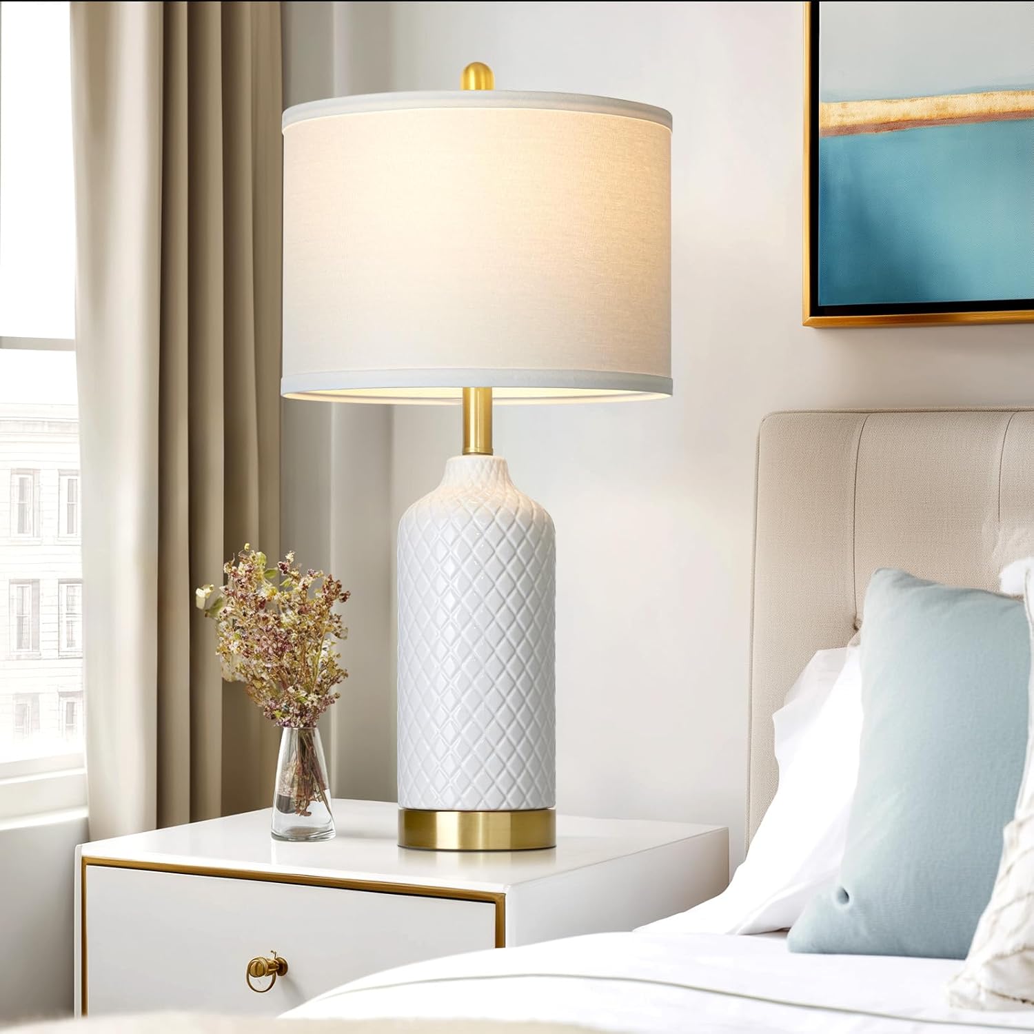 26“ White Ceramic Table Lamps for Living Room, Modern Ceramic Lamps Set of 2, Tall Bedside Lamp for Nightstand, Classic Farmhouse Bedroom Lamp for Desk Side End Table Home Decor