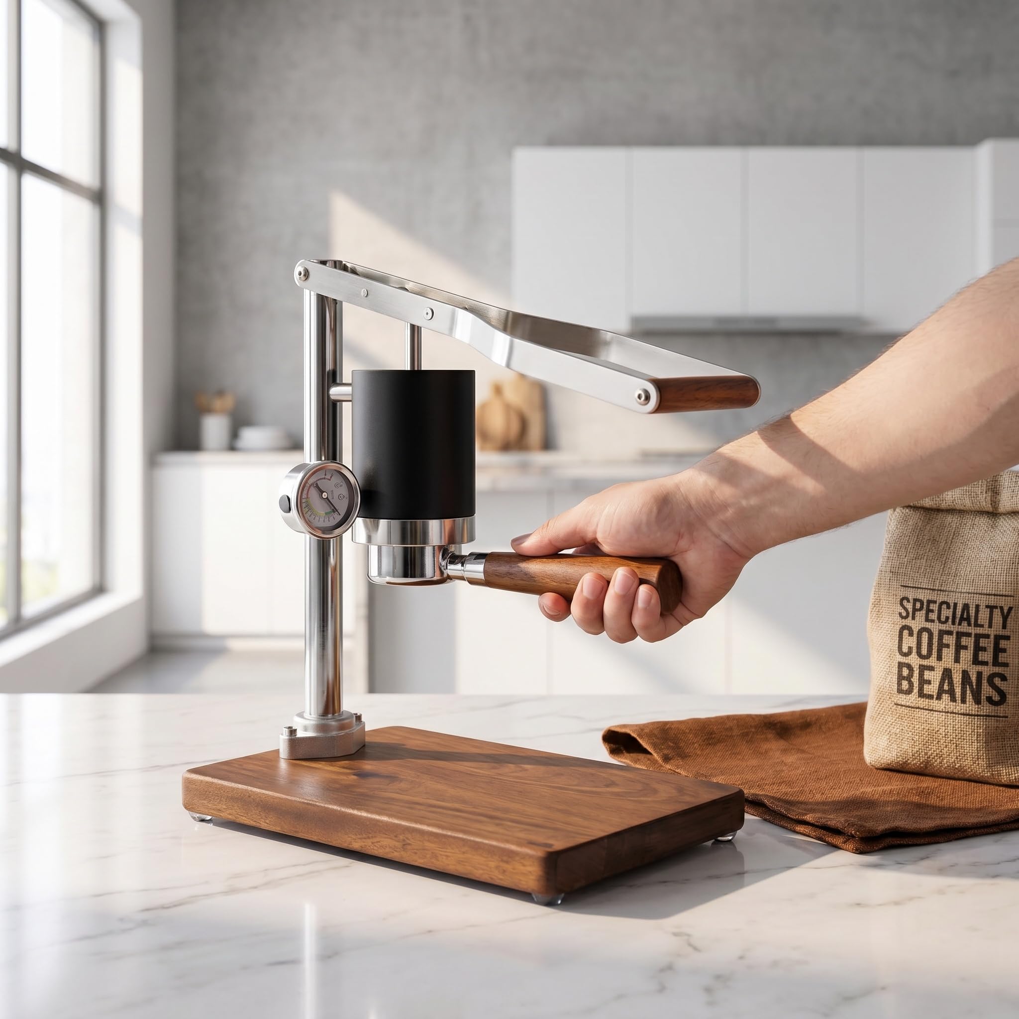 Macchina per caffè espresso manuale con manometro, manico da 51 mm, base in legno, non richiede elettricità, perfetta per baristi domestici