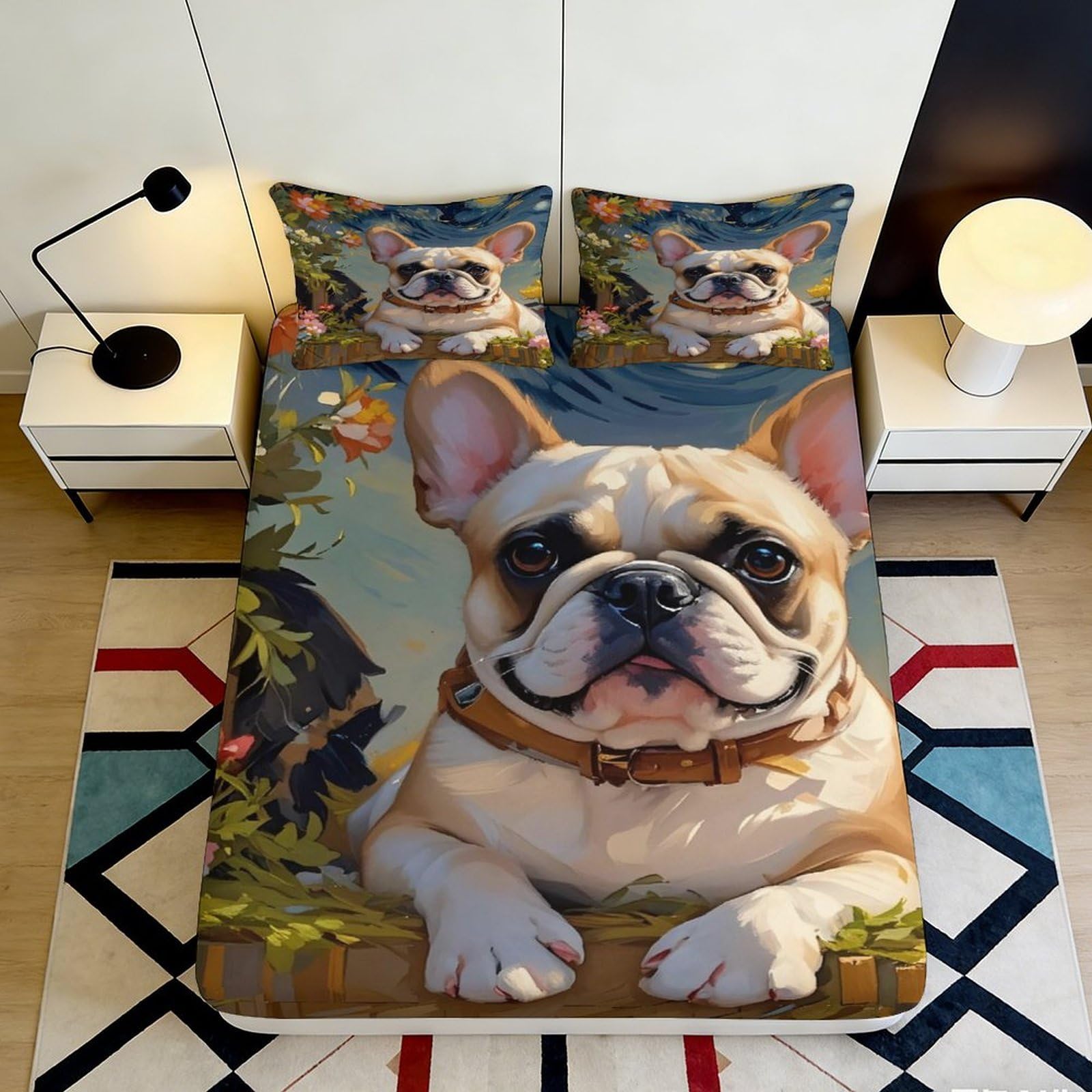 3D Printed French Bulldog Fitted Sheet Microfiber Soft Breathable Cartoon Dog Mattress Cover for Bedroom Guest Room Decor 90x200x25cm