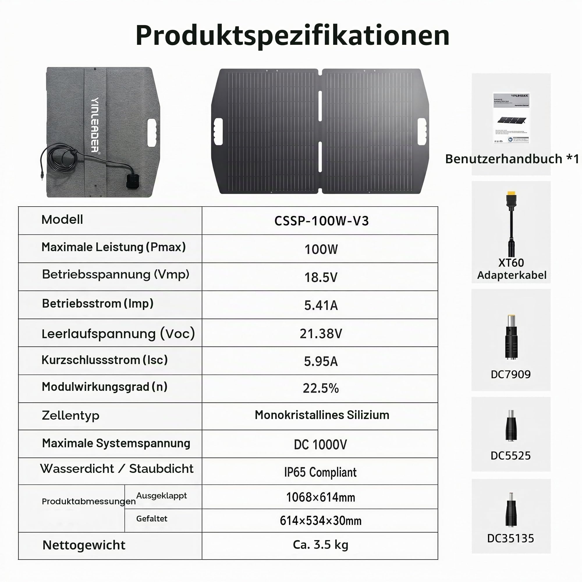 Yinleader 100W Faltbares Solarpanel Monokristallin IP65 Tragbares Solarmodul für Camping Wohnmobil