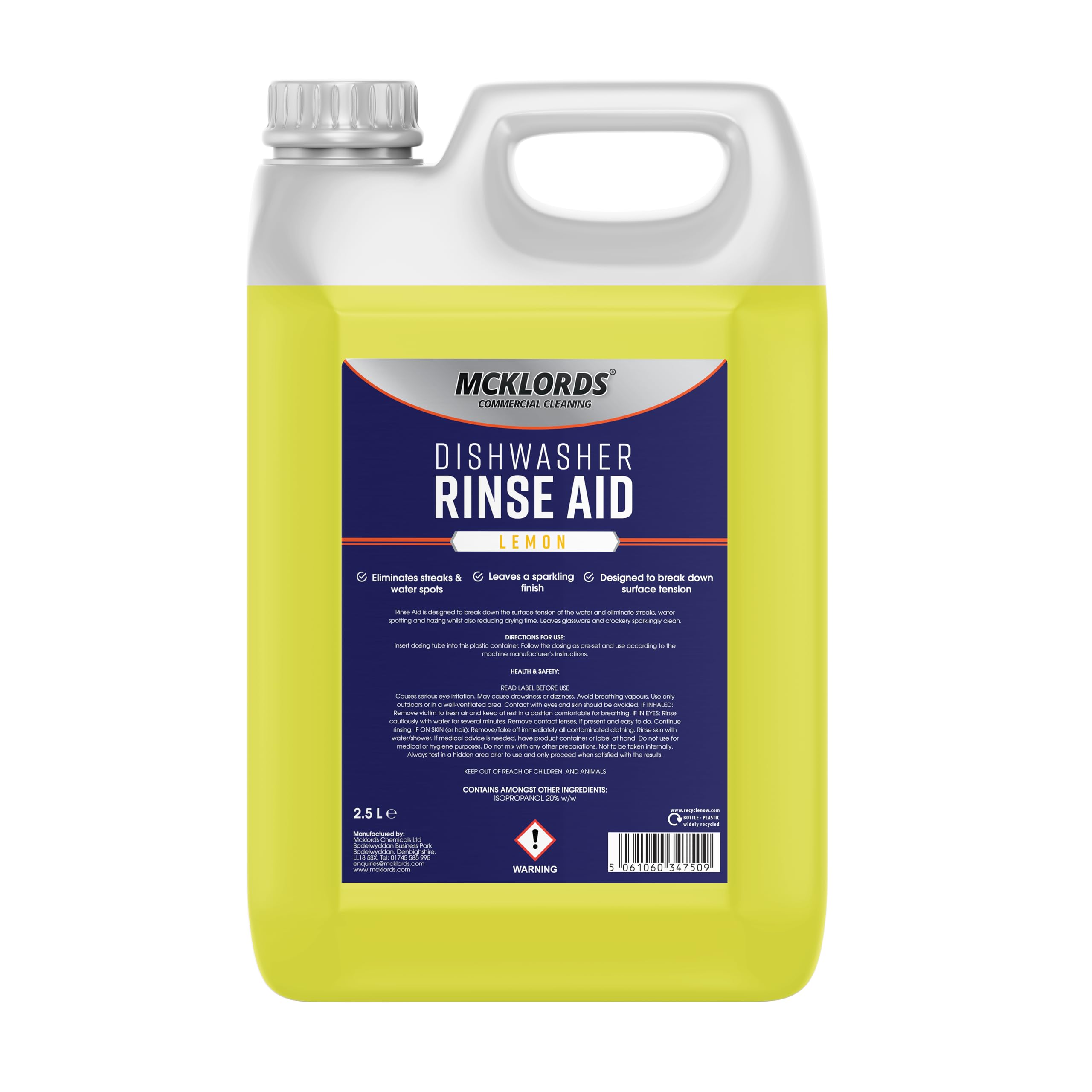 McKLords Commercial - Dishwasher Rinse Aid Lemon, 2.5L - Professional Rinse Aid for Commercial Dishwashers Rapid Drying Streak-Free Finish on Glassware Plates & Cutlery