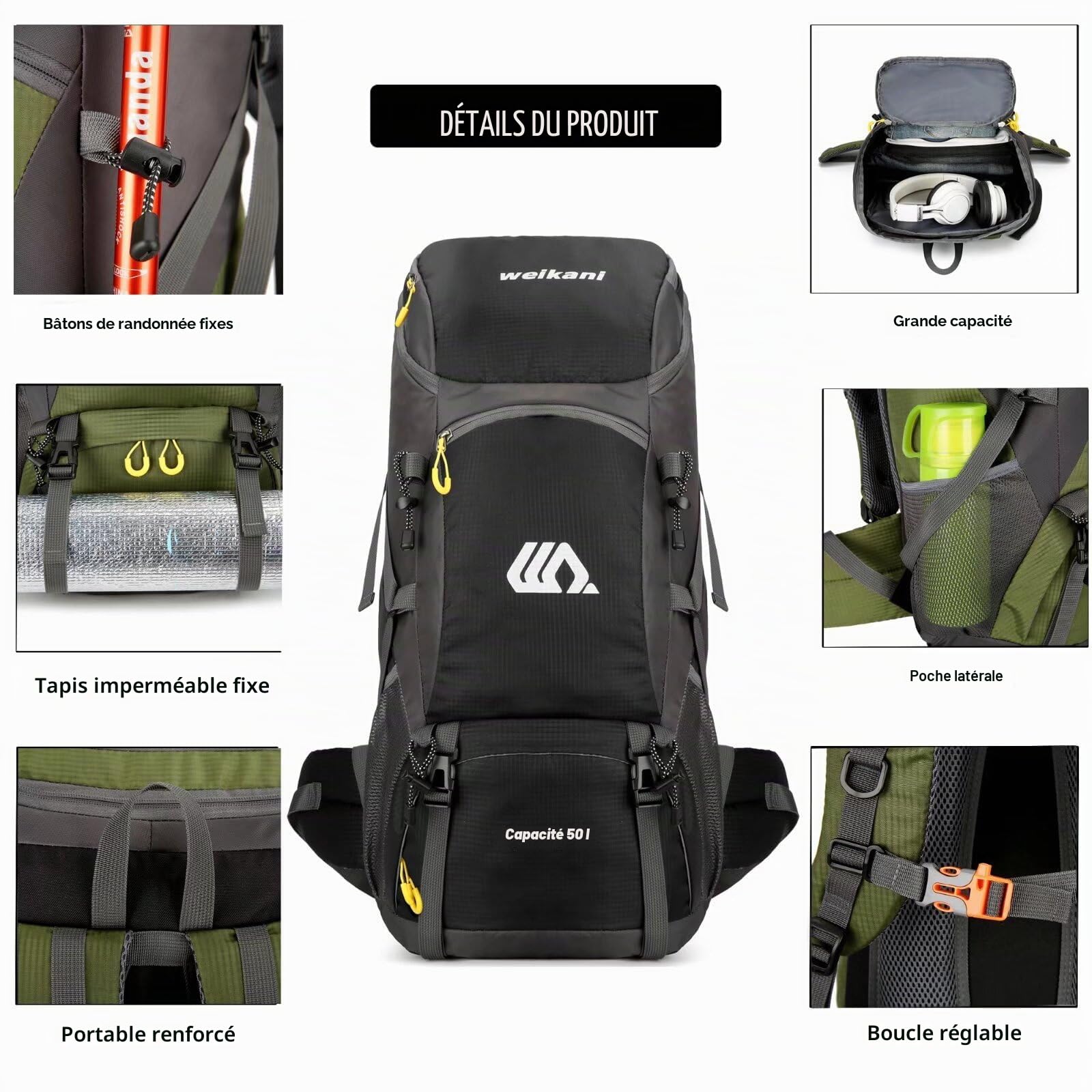 Sac à dos de randonnée imperméable de 50 L pour homme et femme - Grand sac à dos pour escalade, voyage, randonnée, ski, trekking, sport de plein air