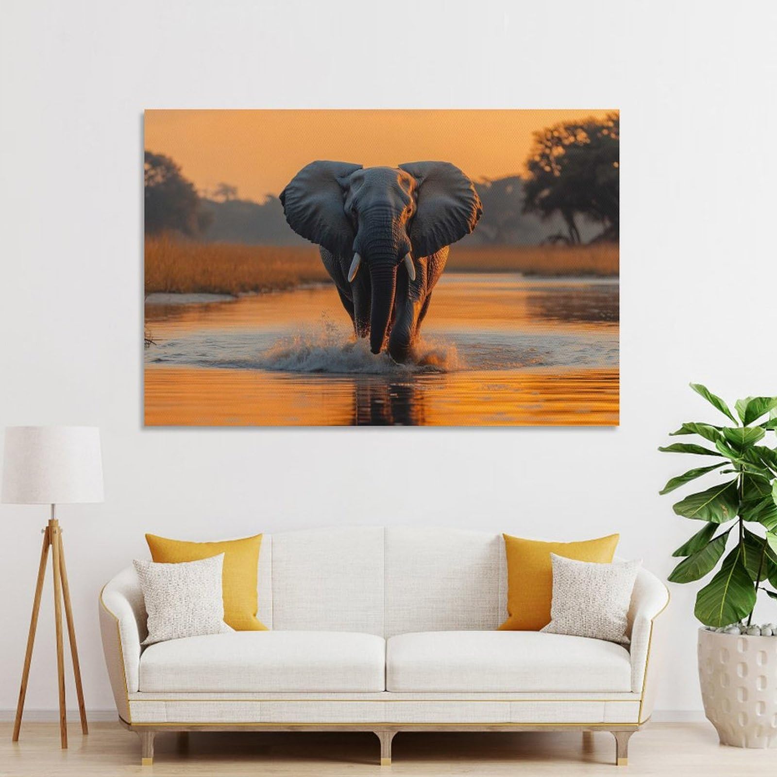 Junmoney Elephant Wading through Water at Sunset Wall Decor Canvas Print, 20x30inch(50x75cm), for Living Room, Bedroom, Office Or Hallway, Stylish Home Artwork for Focal Walls