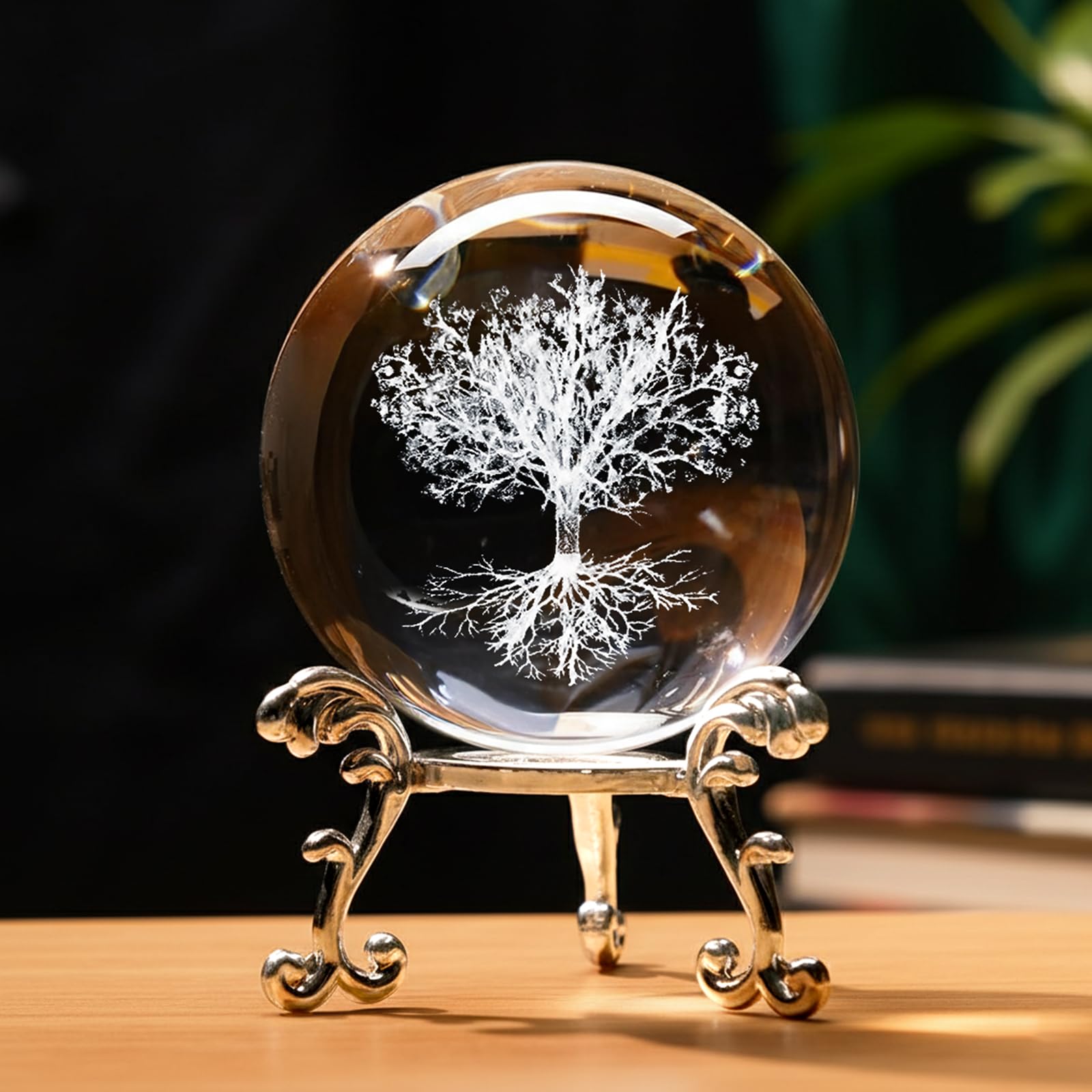 HOTUT 60mm The Tree of Life 3D Crystal Ball with Stand,3D Crystal Ball Figurine,Life Tree Glass Decorative Paperweight,Glass Laser Engraved,Gifts for Women Ornaments