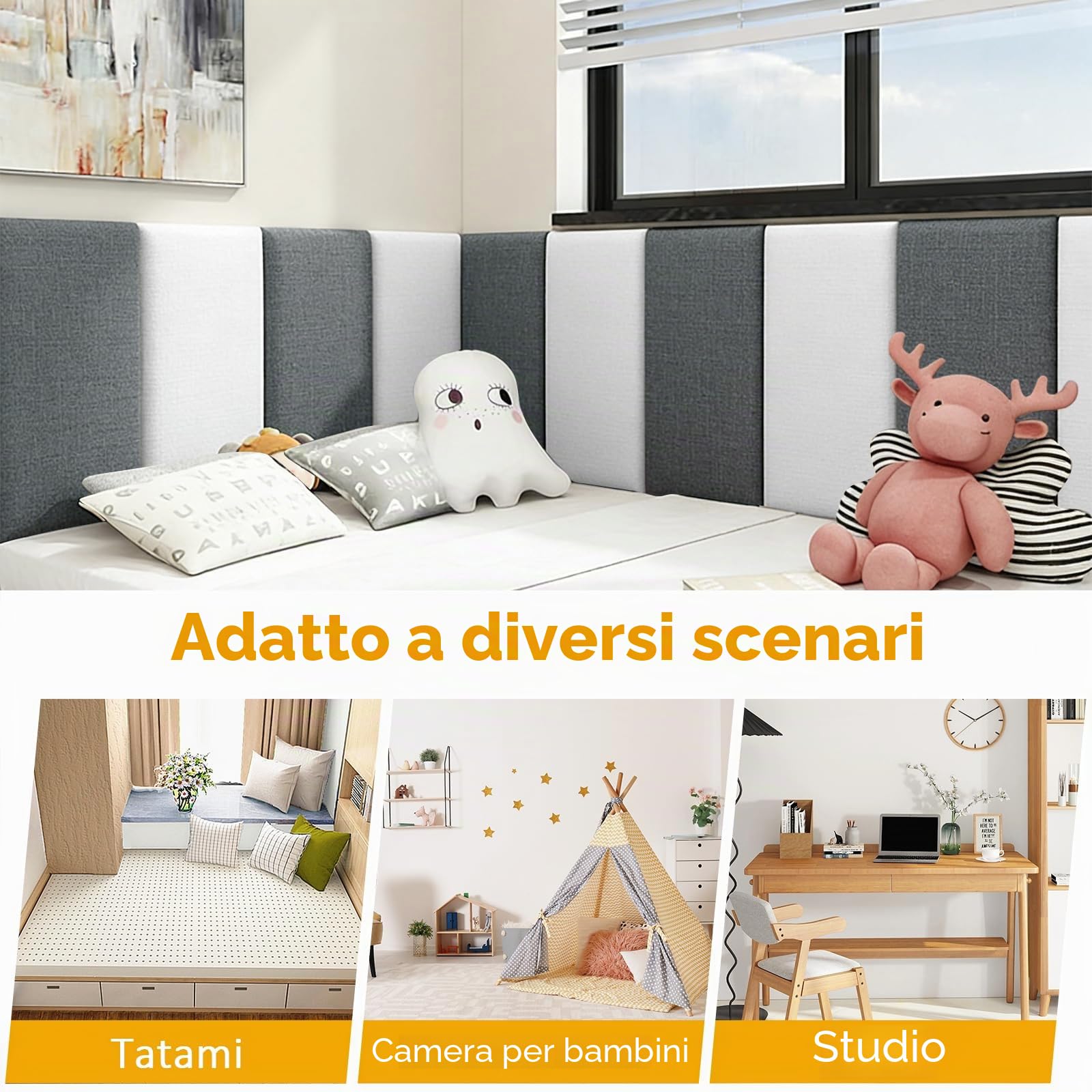 MeYuxg 4 pezzi Pannello Da Parete 3D,40x20cm Pannello Imbottito in Cotone-Lino Autoadesivo,Anti Rivestimento Murale,per cameretta dei bambini, per testiera e letto (Grigio Chiaro)