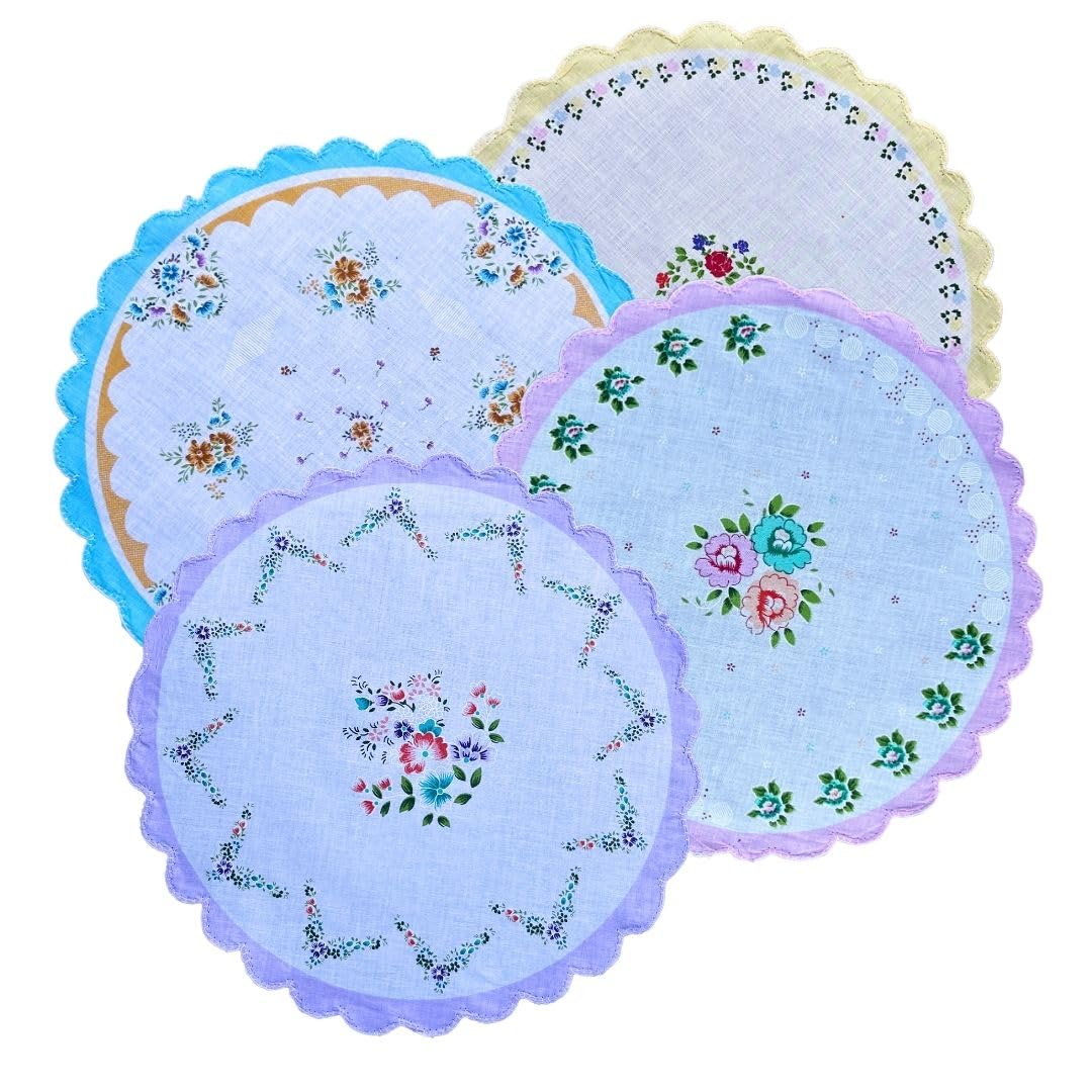 Ladies Round Soft Cotton Handkerchiefs with Scalloped Border & Floral Print (31cm) - Vintage Style Circle Hankies-image-29