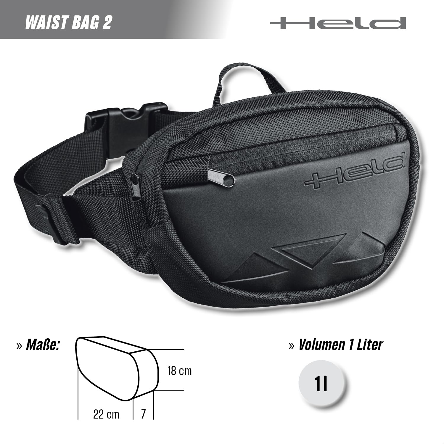 Held Waist Bag 2 – motocyklowa saszetka nerka dla kobiet i mężczyzn, pas biodrowy 60-126 cm, wodoodporna tkanina nylonowa – torba na pasek z przegródkami, zamkiem błyskawicznym i kieszenią wewnętrzną