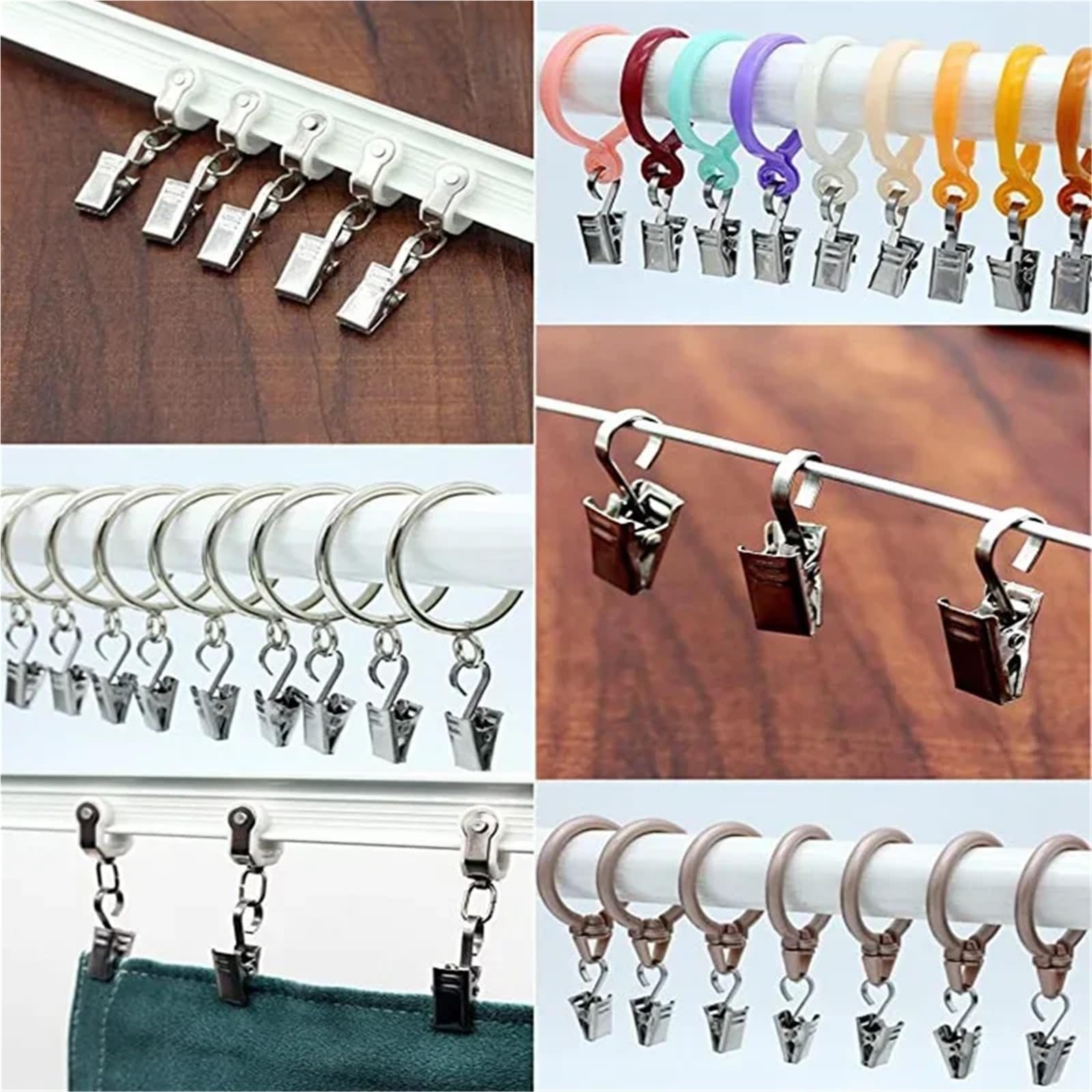 Anneaux de rideaux, Anneaux de rideau avec Clips, 200 pièces, crochet fenêtre en acier inoxydable, accessoires décoration