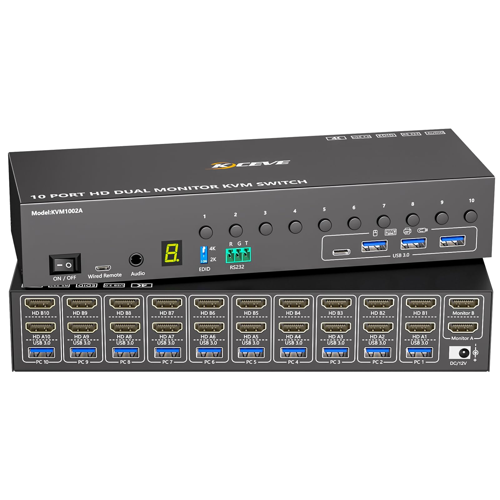 10 Port HDMI KVM Switch 2 Monitors 10 Computers 4K@60Hz EDID Simulation,Dual Monitor KVM Switch with 4 USB 3.0 Ports for Keyboard Mouse Printer,Audio RS232,with Controller 12V Power and 10 USB Cables-image-48