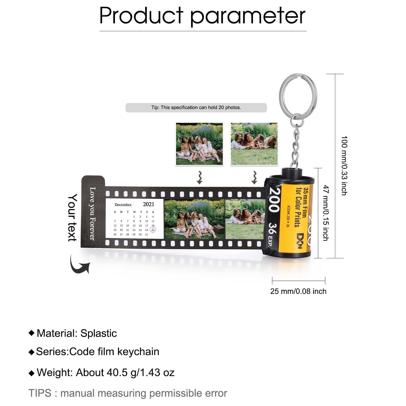 Jewelstruck Llavero personalizado con rollo de película fotográfica, llavero de cámara de fotos personalizado, regalos para novio, pareja, mejor amiga, 19 Fotos+calendario+texto, 47*25mm
