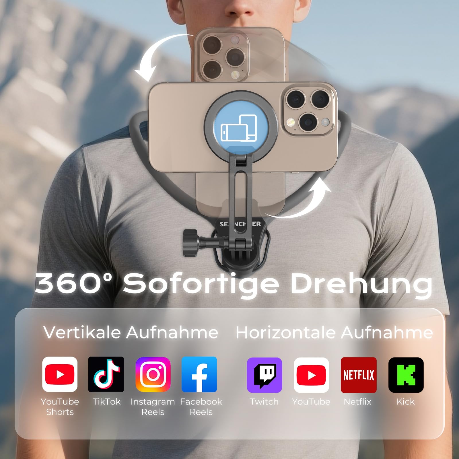 Soporte magnético para el cuello POV Vlog manos libres, soporte para el cuello con anillo magnetizador, grabación de video para iPhone 17, 16, 15, 13 Series Android Smartphone【2026 Extra Long Version】
