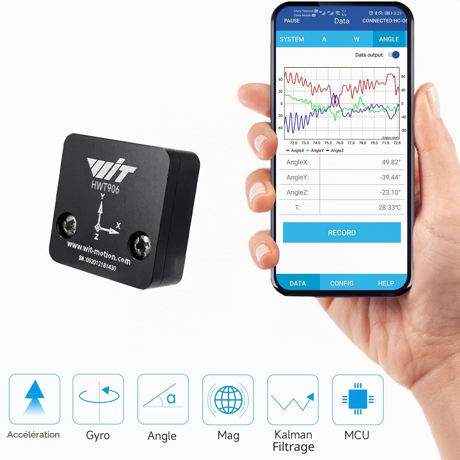 [Accéléromètre de qualité industrielle + inclinomètre] 1000 Hz Gyroscope 9 axes HWT906-TTL MPU-9250 + angle (XY 0,05°) + boussole numérique, compensation de température et magnétomètre