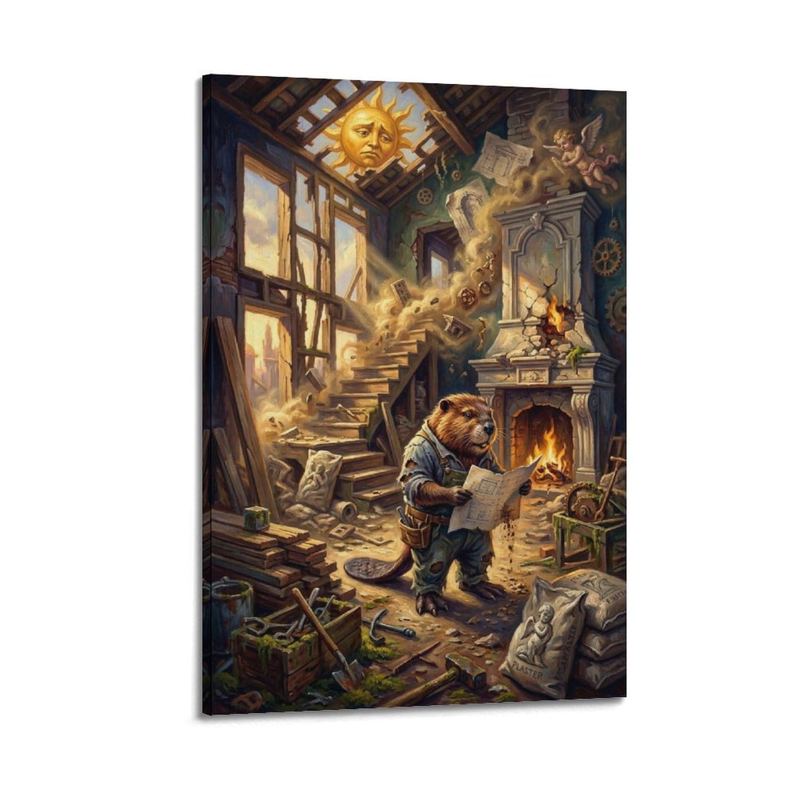 XKUGA Surreal Vintage Animal Poster Beaver Renovation Chaos Satire Modern Decorative Canvas Prints - Ideal Wall Art for Family, Man Cave, Game Room, Boys & Girls Bedroom 24x36inch(60x90cm)