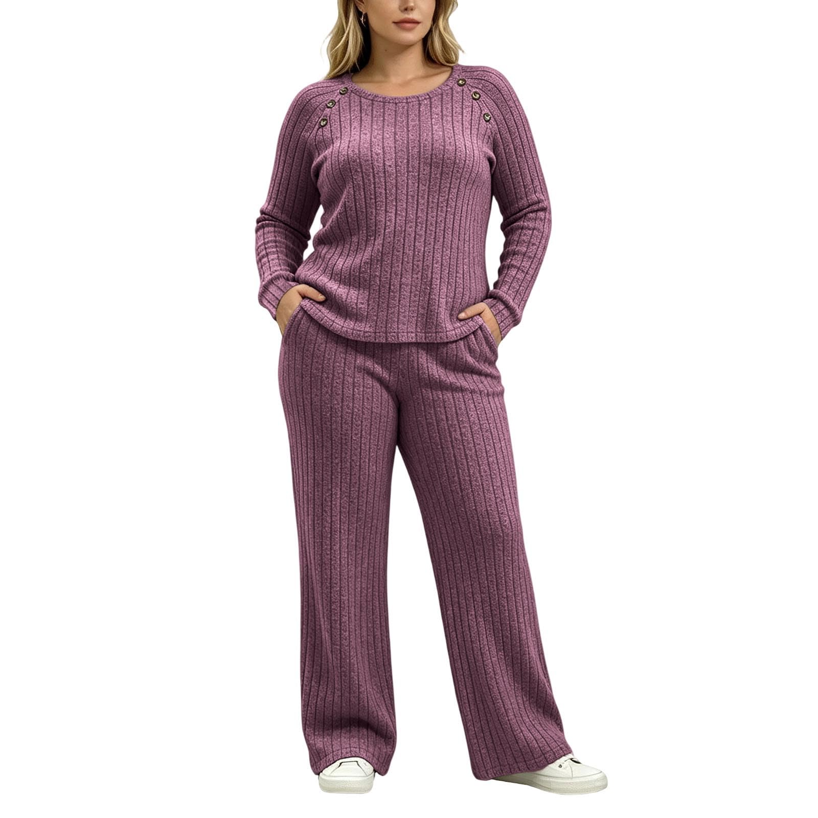 Genérico Conjunto de Punto Elegante con Pantalón y Suéter de Botones