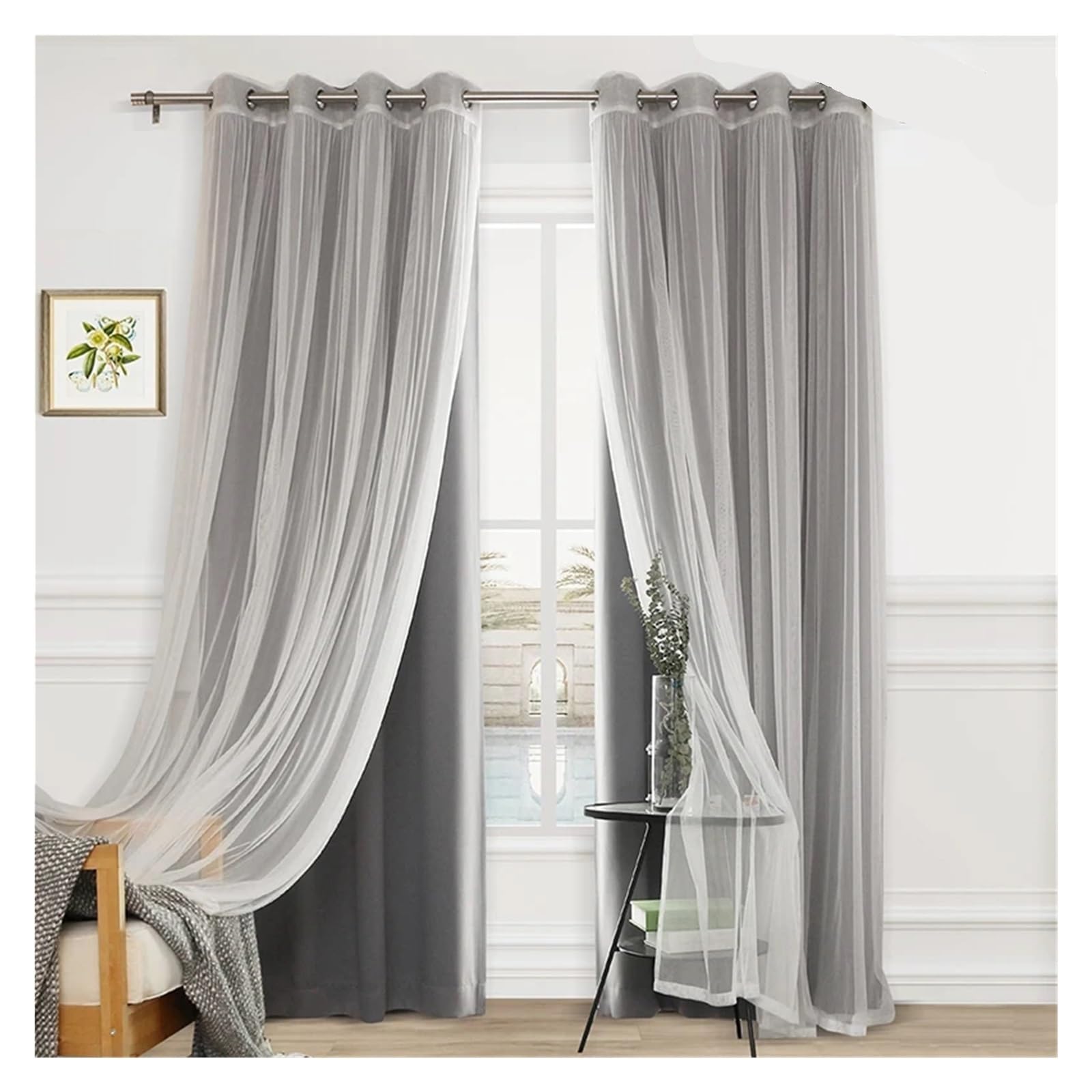 DHYUACN Living Room Curtains Double Layered Solid Blackout and Sheer Window Curtain for Living Room Bedroom(Color 2,Rod,W400cmxL270cm)