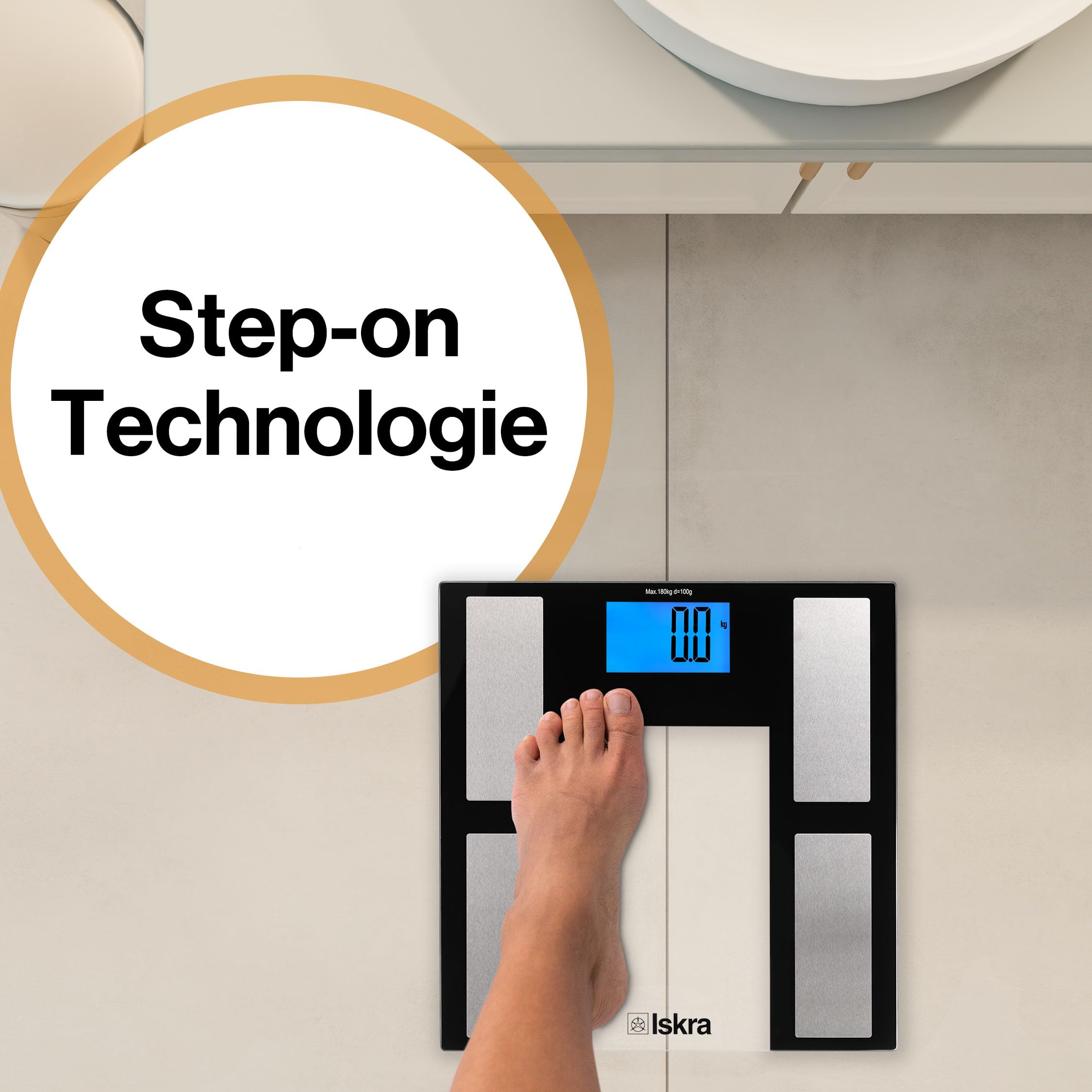 Iskra Bilancia per grasso corporeo Bluetooth con app, 180 kg, per iOS e Android, tecnologia BIA, bilancia pesapersone digitale, bilancia analitica del corpo, 10 utenti