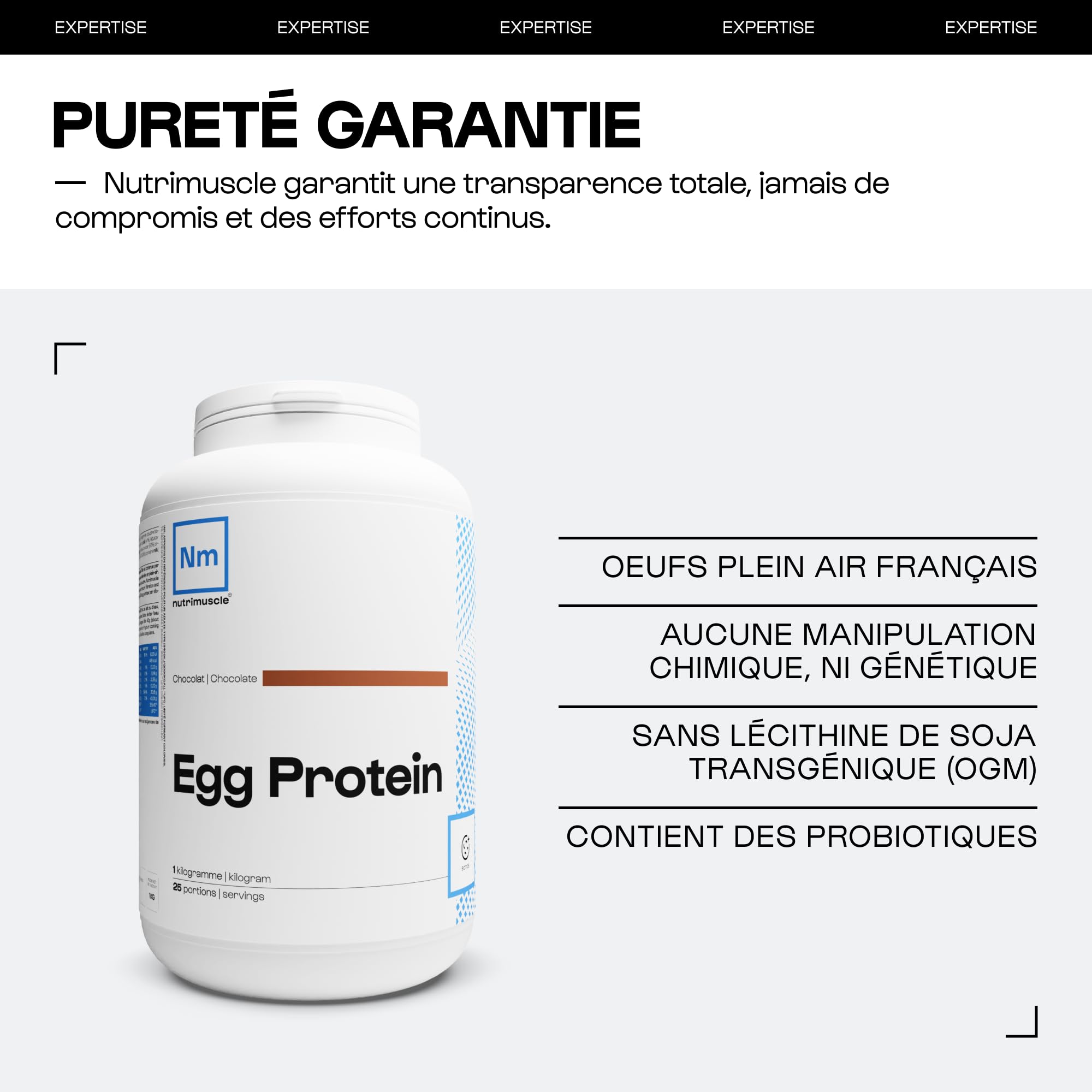 Nutrimuscle 100% proteine di uova pure | Pollo ruspante Francia - Shaker in polvere - 86% di proteine - Bodybuilding e fitness | Natura